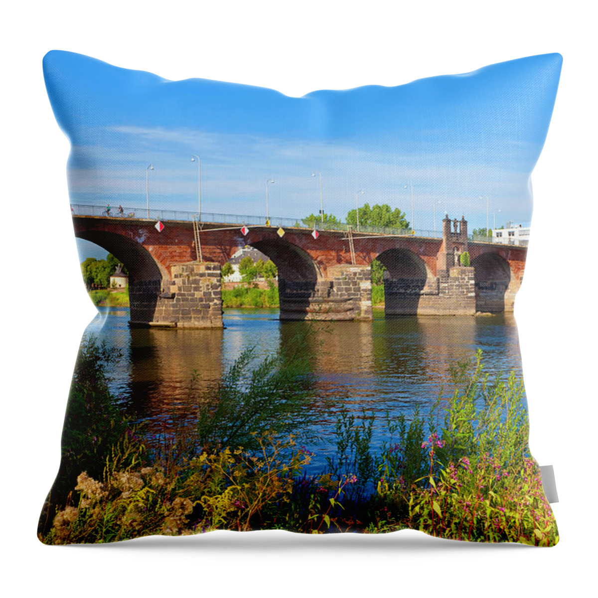 Roman Throw Pillow featuring the photograph The Roman Bridge Over Mosel River In by Werner Dieterich