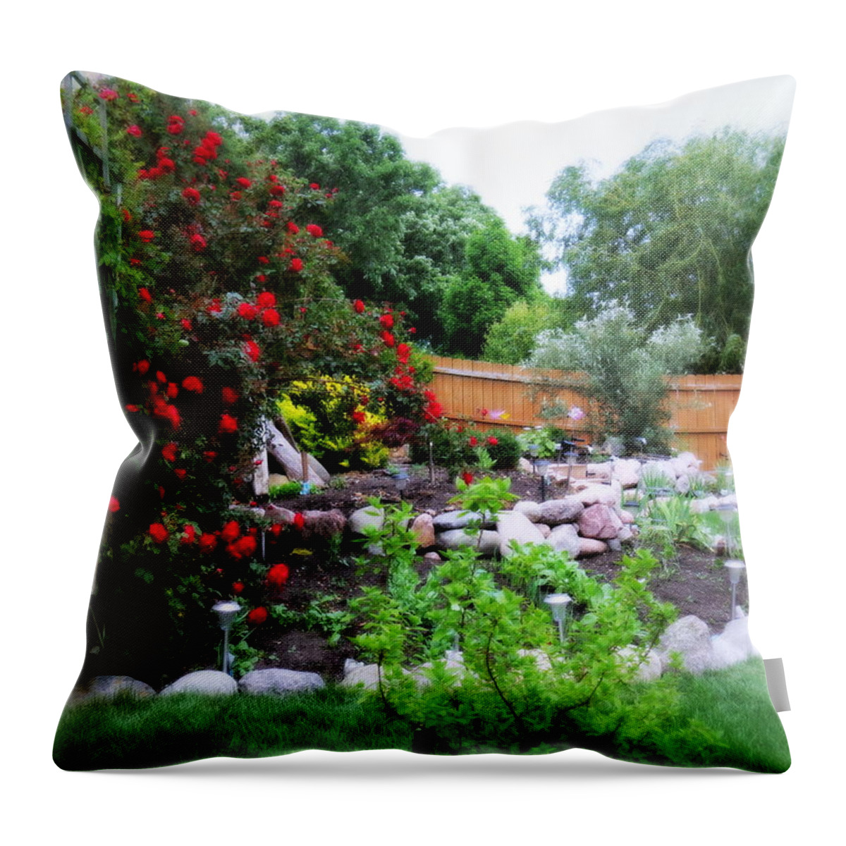 Landscaped Throw Pillow featuring the photograph The Roses Are Blooming by Kay Novy