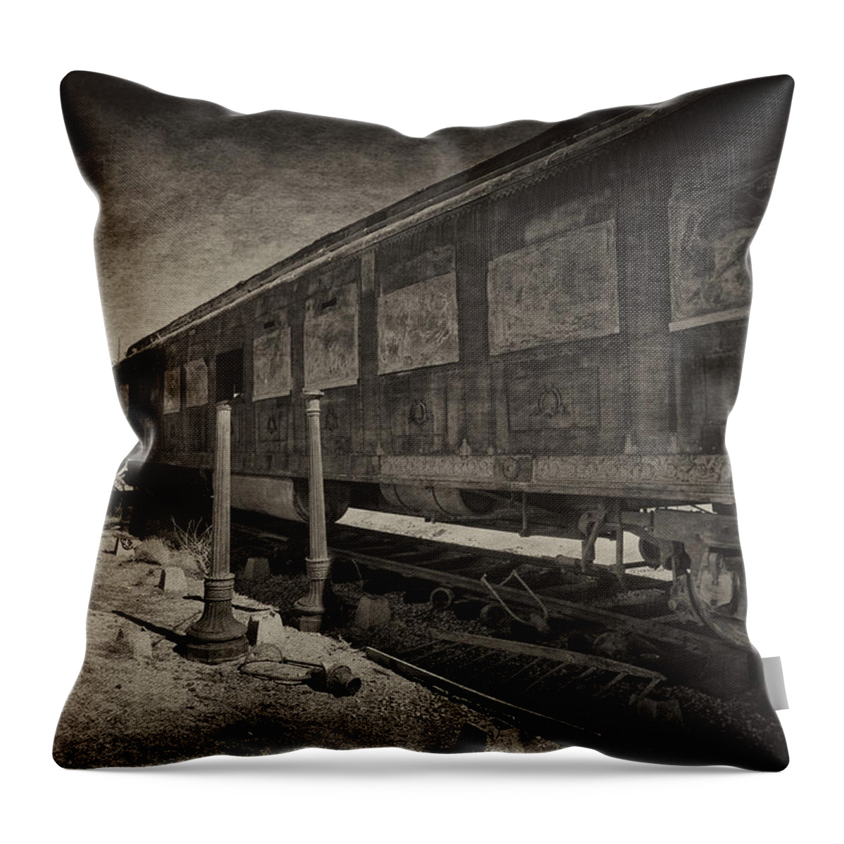 The Scarlet Lady Train Car Throw Pillow featuring the photograph The Scarlet Lady Vintage Plate 1 by Sandra Selle Rodriguez