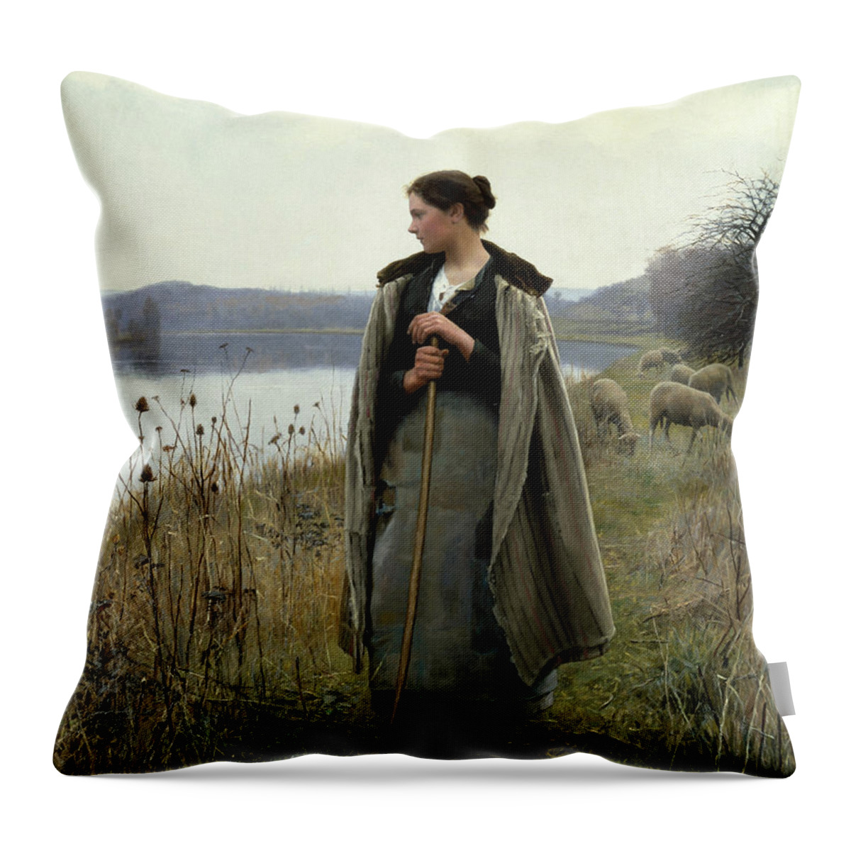 Daniel Ridgway Knight Throw Pillow featuring the painting The Shepherdess of Rolleboise by Daniel Ridgway Knight