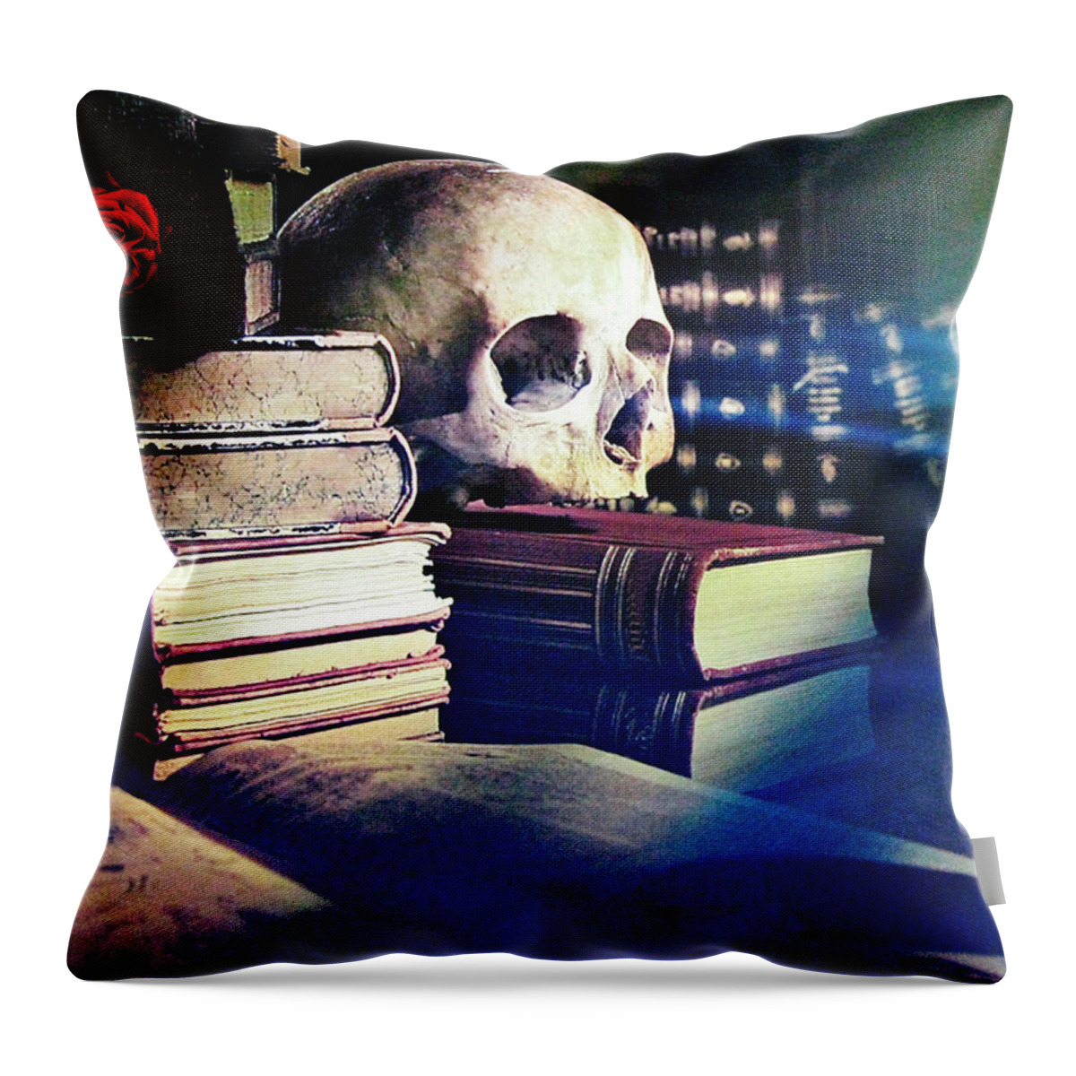 Skull Throw Pillow featuring the photograph The skull the spell book and the rose by Tom Conway