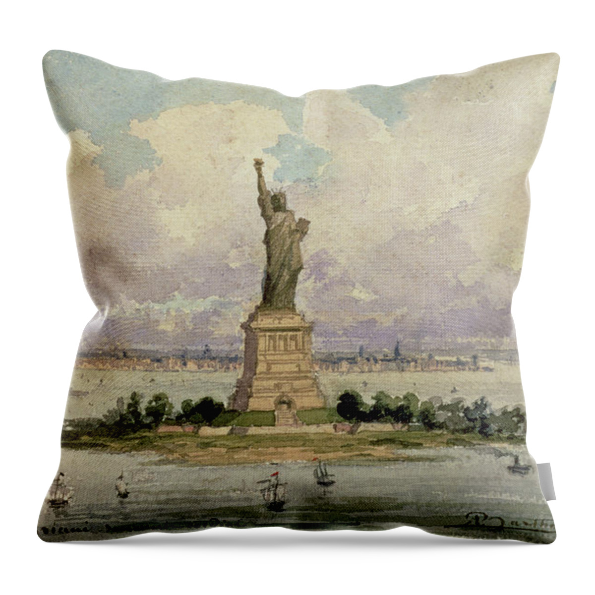 Harbour Throw Pillow featuring the painting The Statue Of Liberty by Frederic Auguste Bartholdi