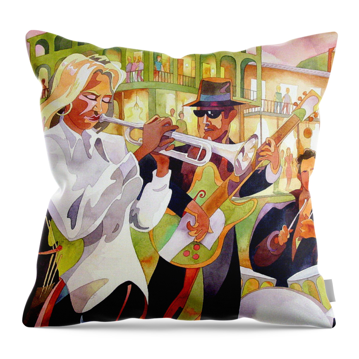 Watercolor Throw Pillow featuring the painting The Street Performers by Mick Williams
