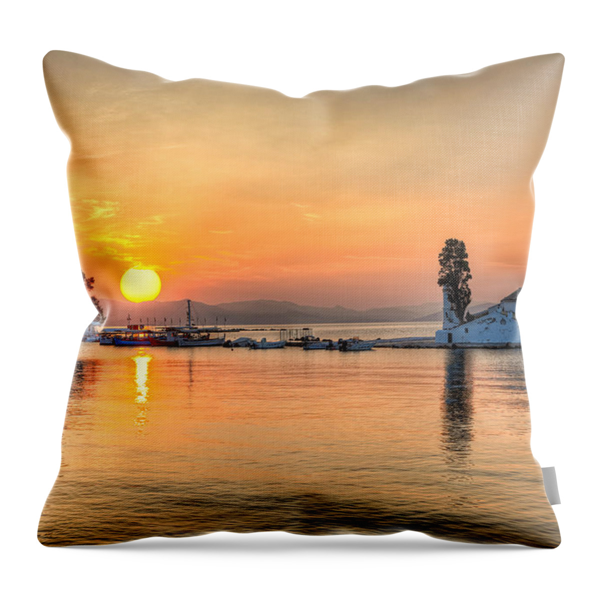 Sunrise Throw Pillow featuring the photograph The sunrise in Panagia Vlacherna at Corfu - Greece by Constantinos Iliopoulos