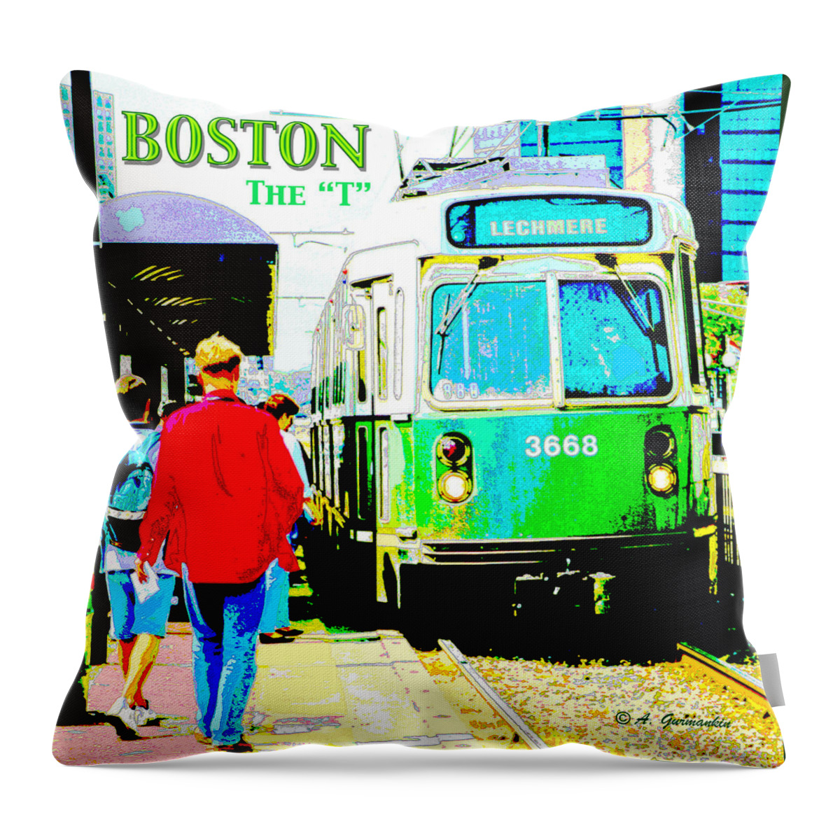 T Trolley Car Throw Pillow featuring the digital art The T Trolley Boston Massachusetts by A Macarthur Gurmankin