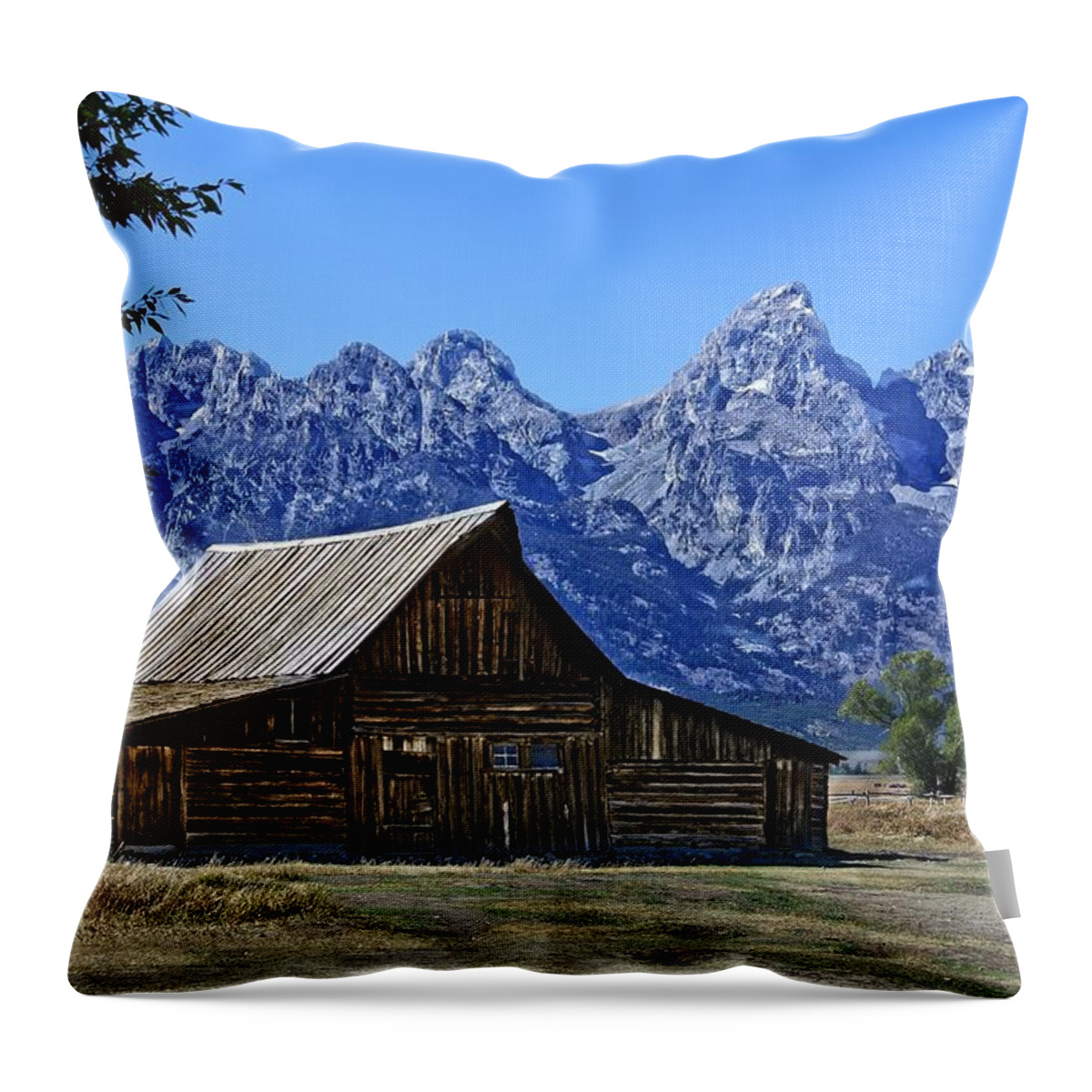 Tetons Throw Pillow featuring the photograph The Tetons And The Barn by Image Takers Photography LLC - Laura Morgan