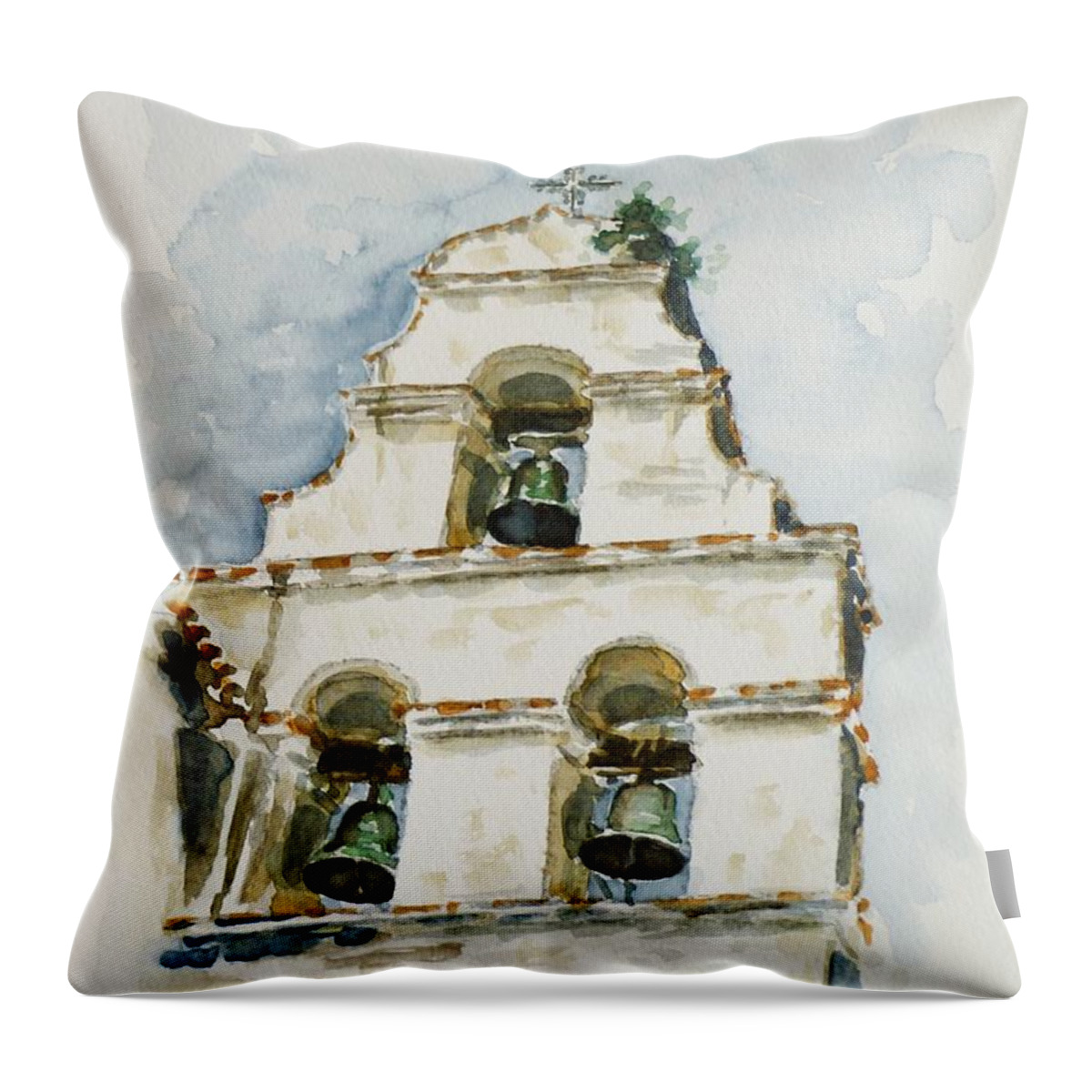 Three-bell Campanario Throw Pillow featuring the painting The Three-bell Campanario at Mission San Juan Bautista by Zaira Dzhaubaeva