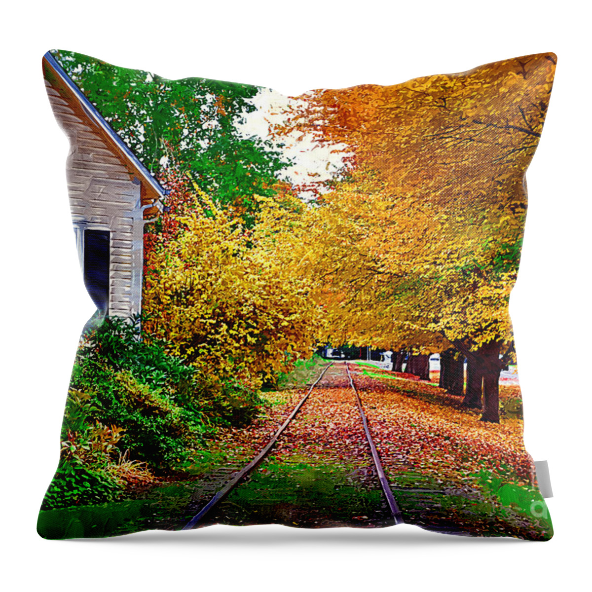 Autumn-foliage Throw Pillow featuring the painting Tracks By The House by Kirt Tisdale