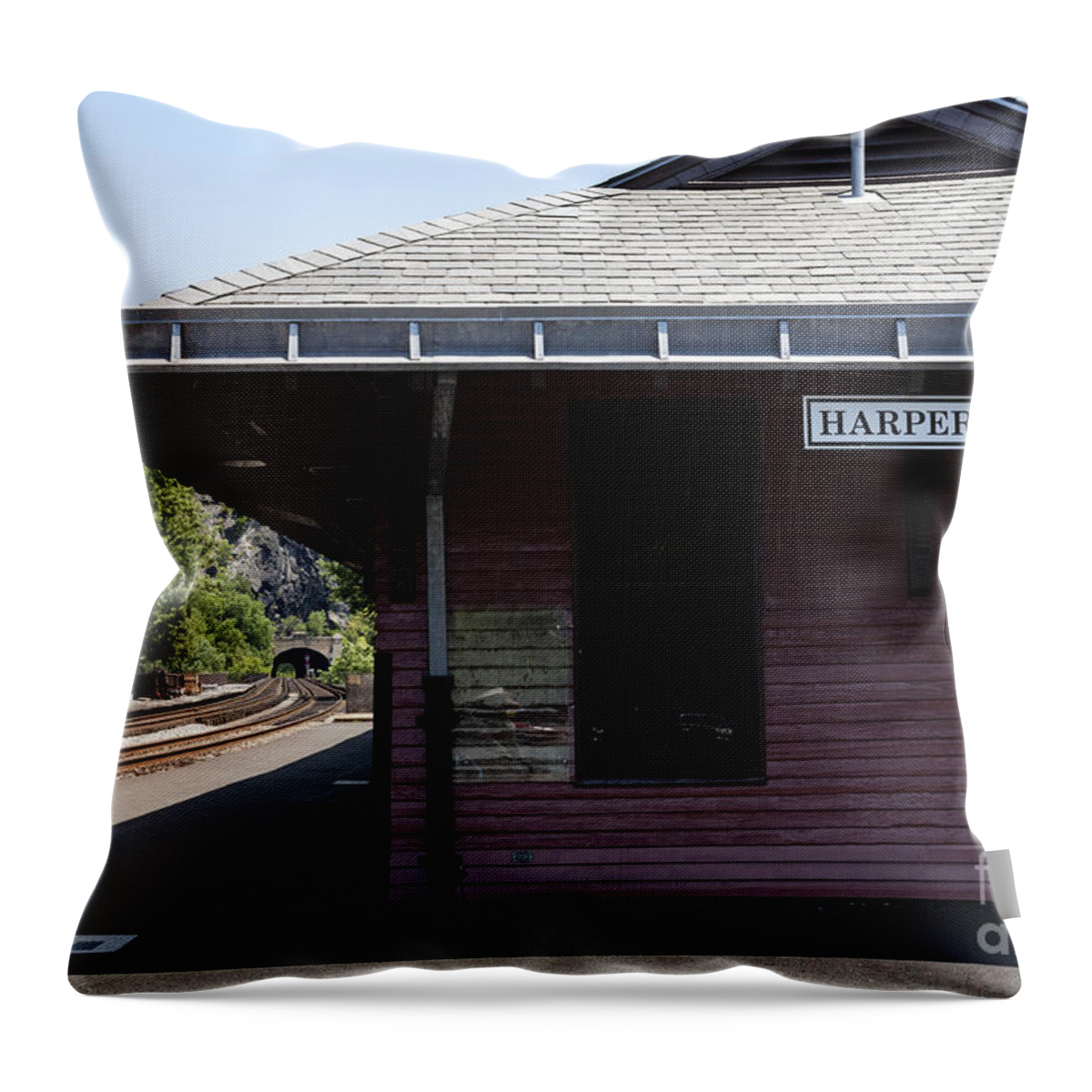 Train Station Throw Pillow featuring the photograph The train station at Harpers Ferry in West Virginia by William Kuta