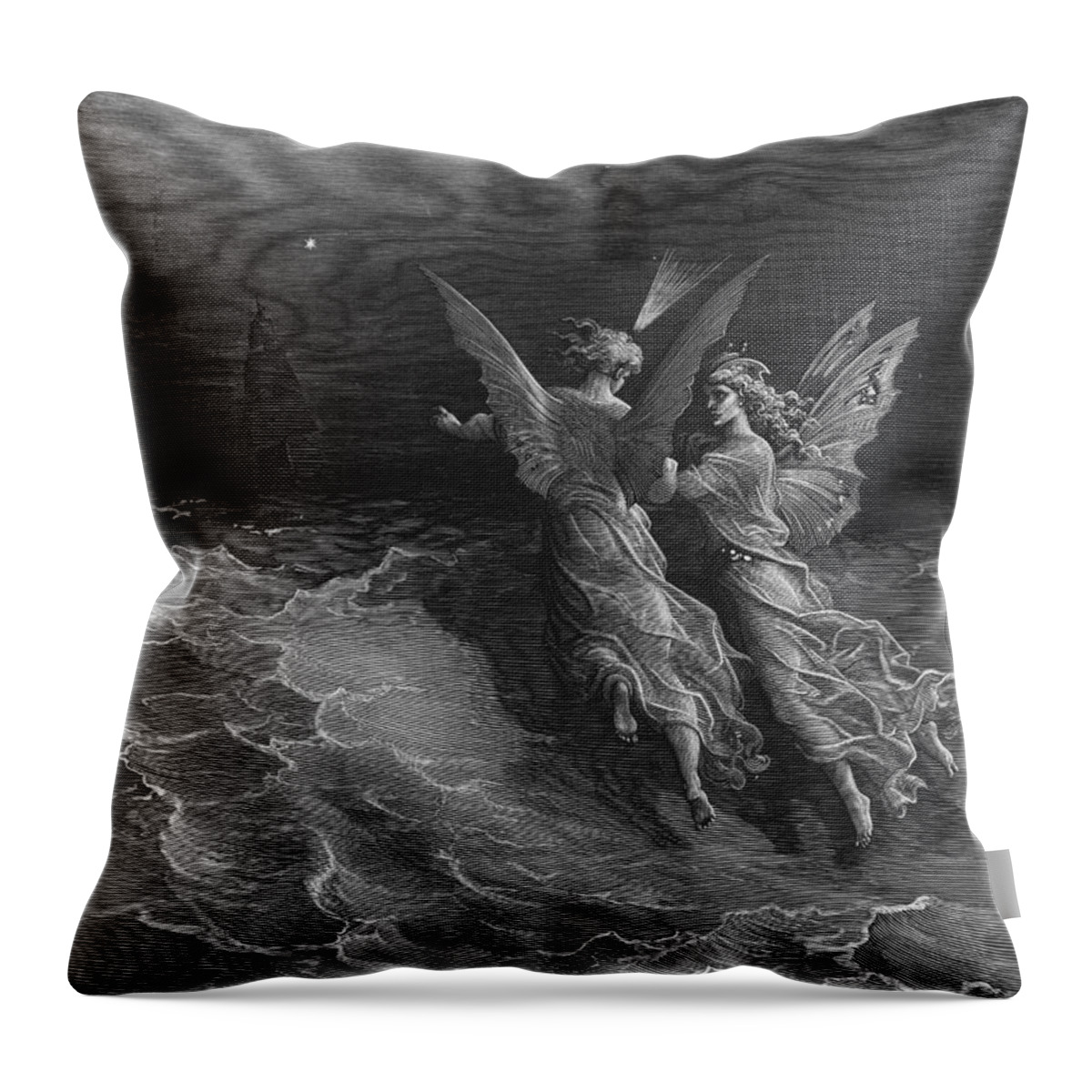 Vessel; Sea; Angels; Dore Throw Pillow featuring the drawing The two fellow spirits of the Spirit of the South Pole ask the question why the ship travels by Gustave Dore