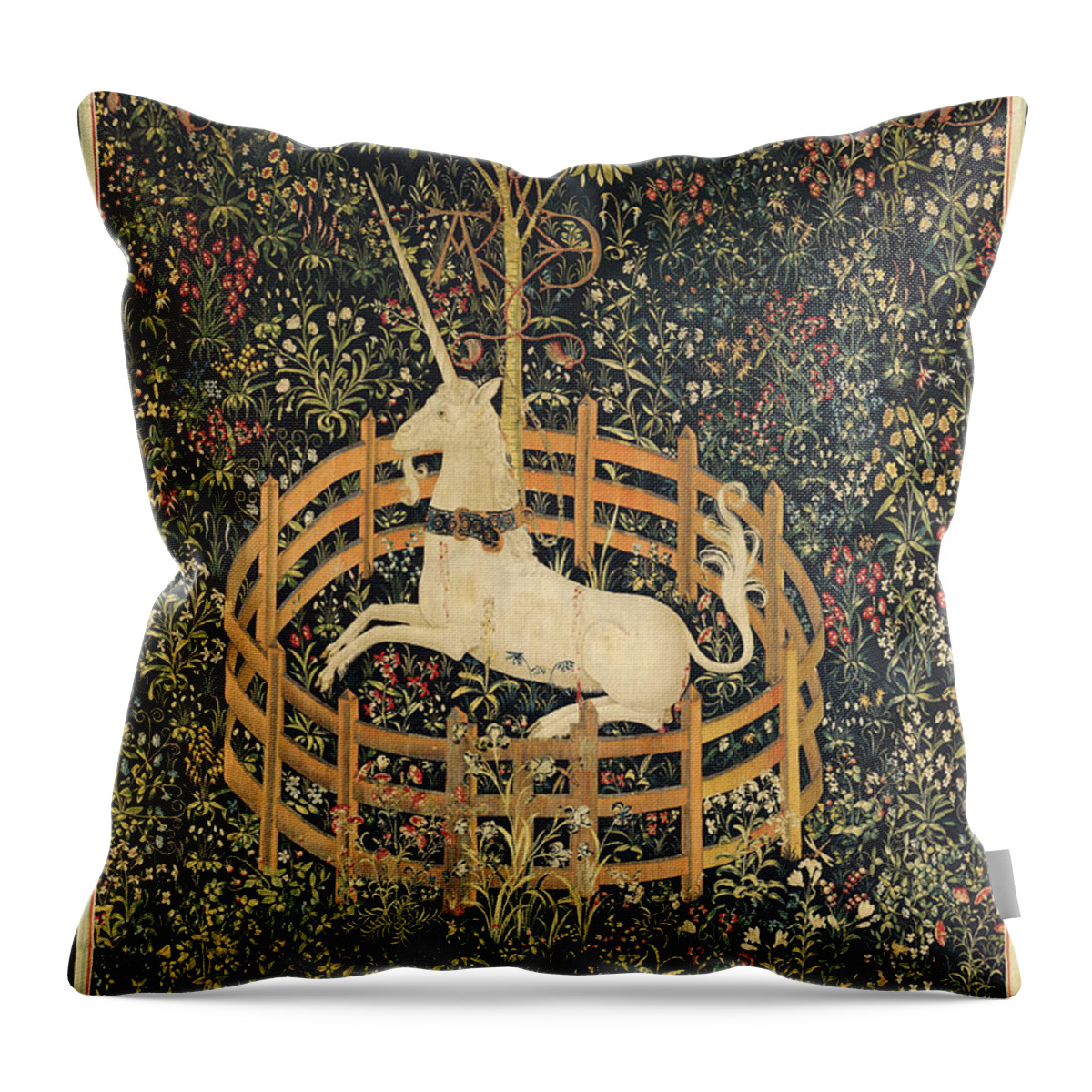 Mythology Throw Pillow featuring the tapestry - textile The Unicorn in Captivity by Unknown