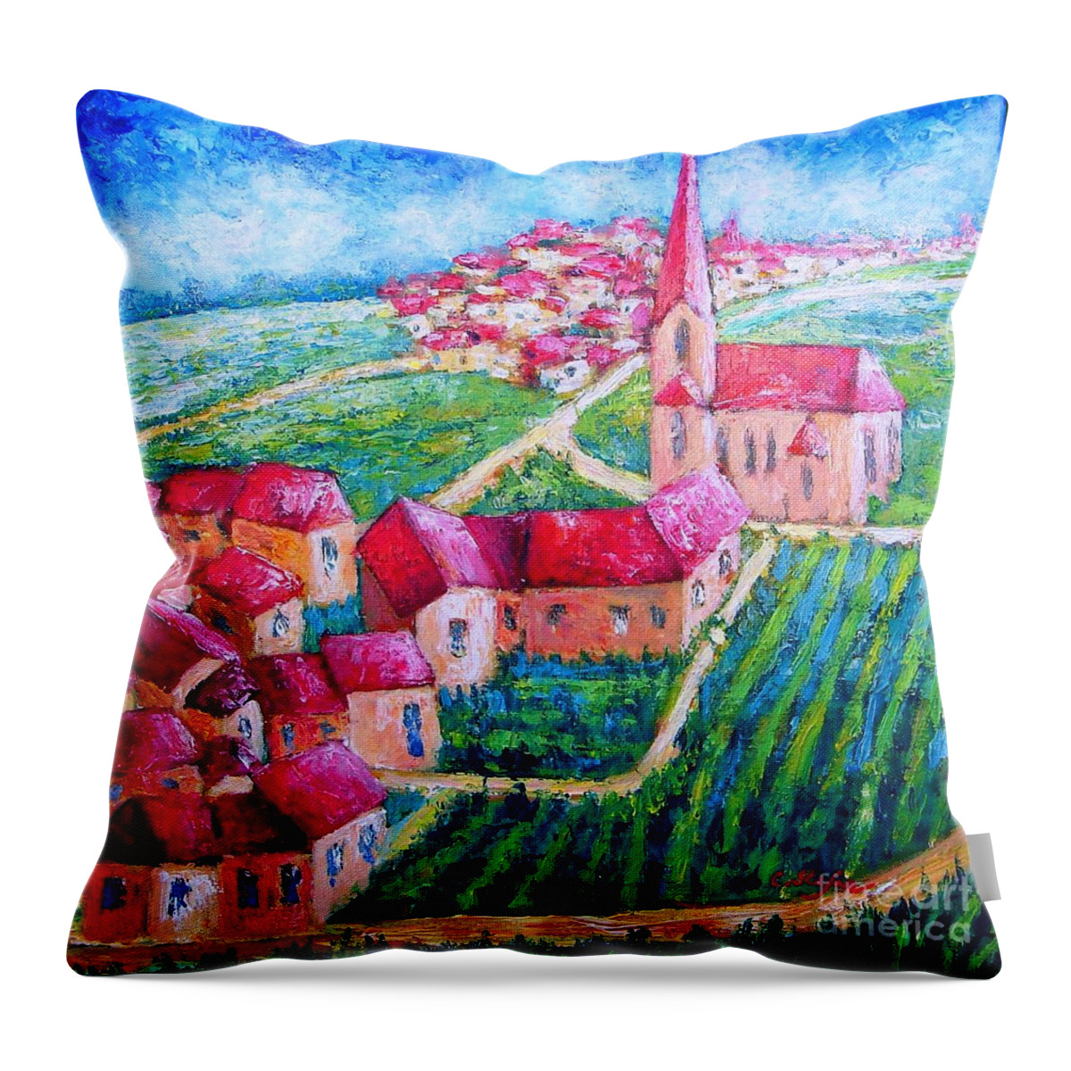Village Throw Pillow featuring the painting The Village by Cristina Stefan