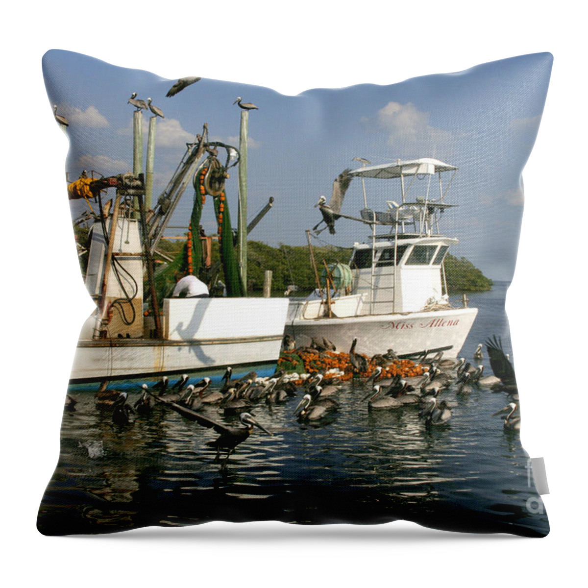 Fishing Boats Throw Pillow featuring the photograph The Welcoming Committee by Mariarosa Rockefeller