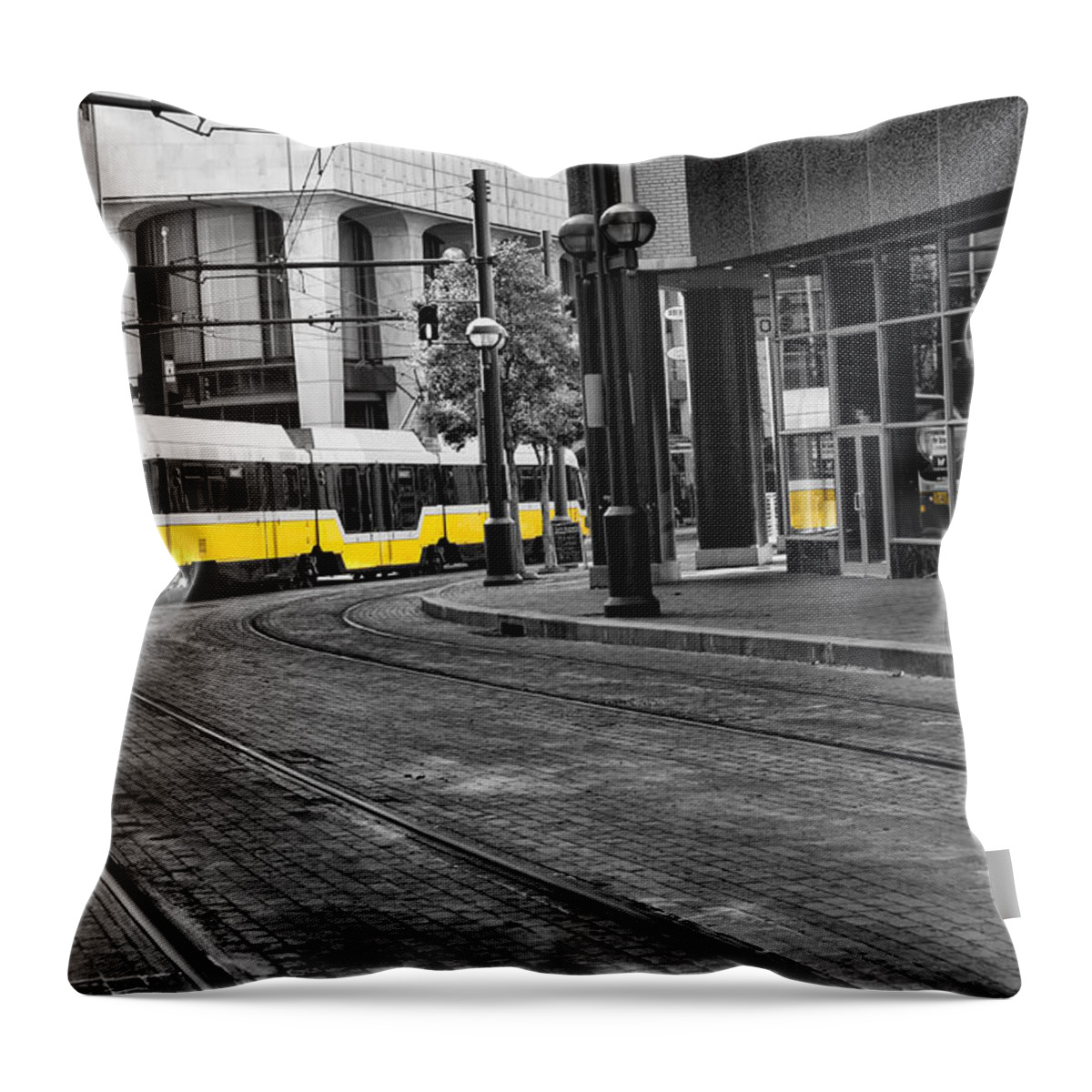 Train Throw Pillow featuring the photograph The Yellow Train of Dallas by Kathy Churchman