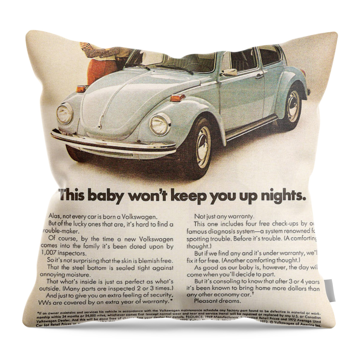 Vw Beetle Throw Pillow featuring the digital art This baby won't keep you up nights by Georgia Clare