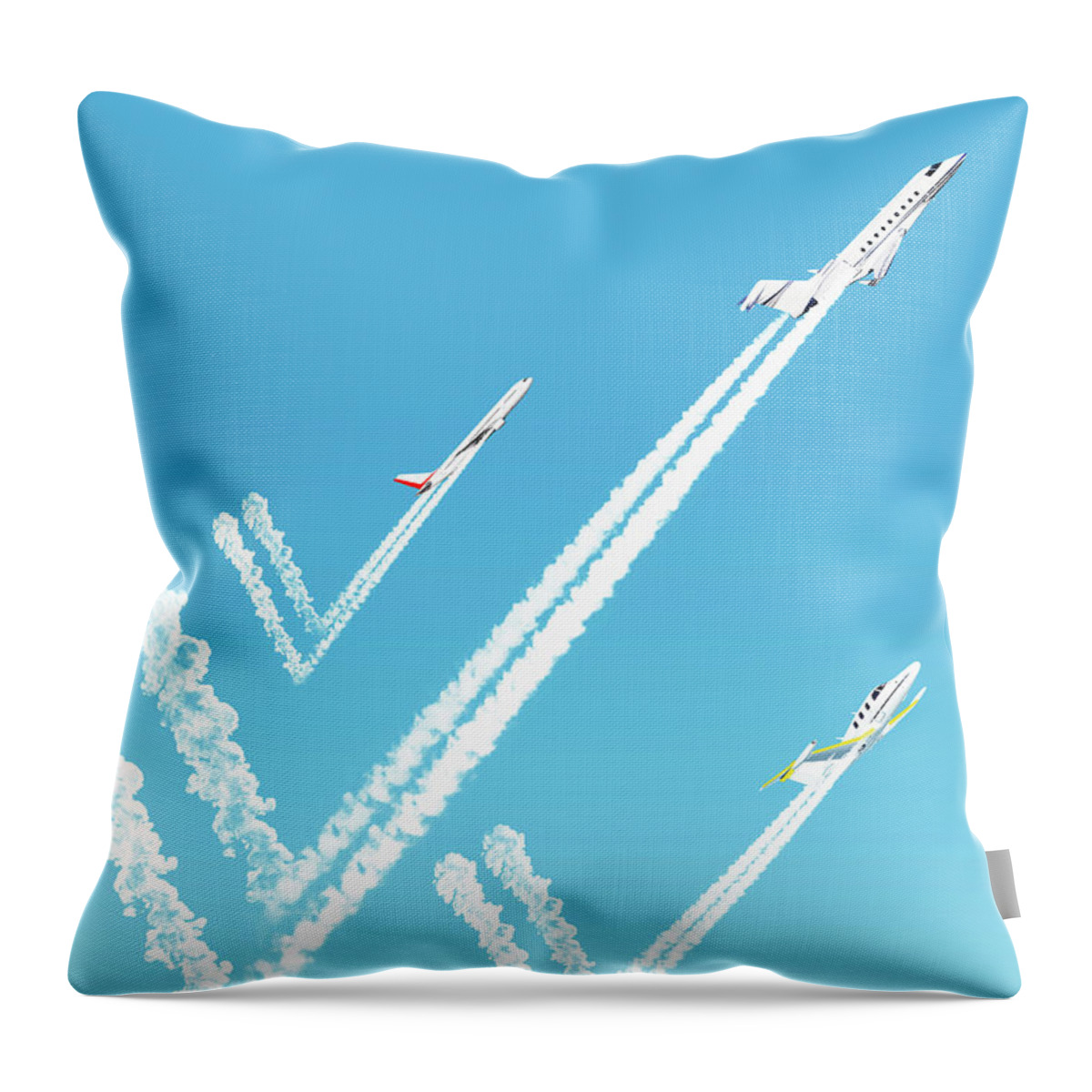 Aerospace Throw Pillow featuring the photograph Three Airplanes With Tick Mark Vapor by Ikon Images