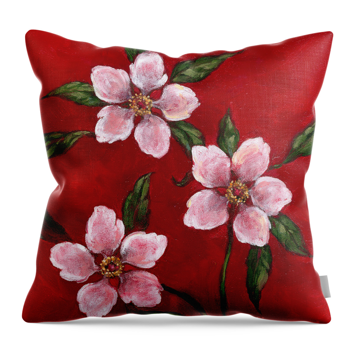 Red Throw Pillow featuring the painting Three Blossoms on Red by Randy Wollenmann