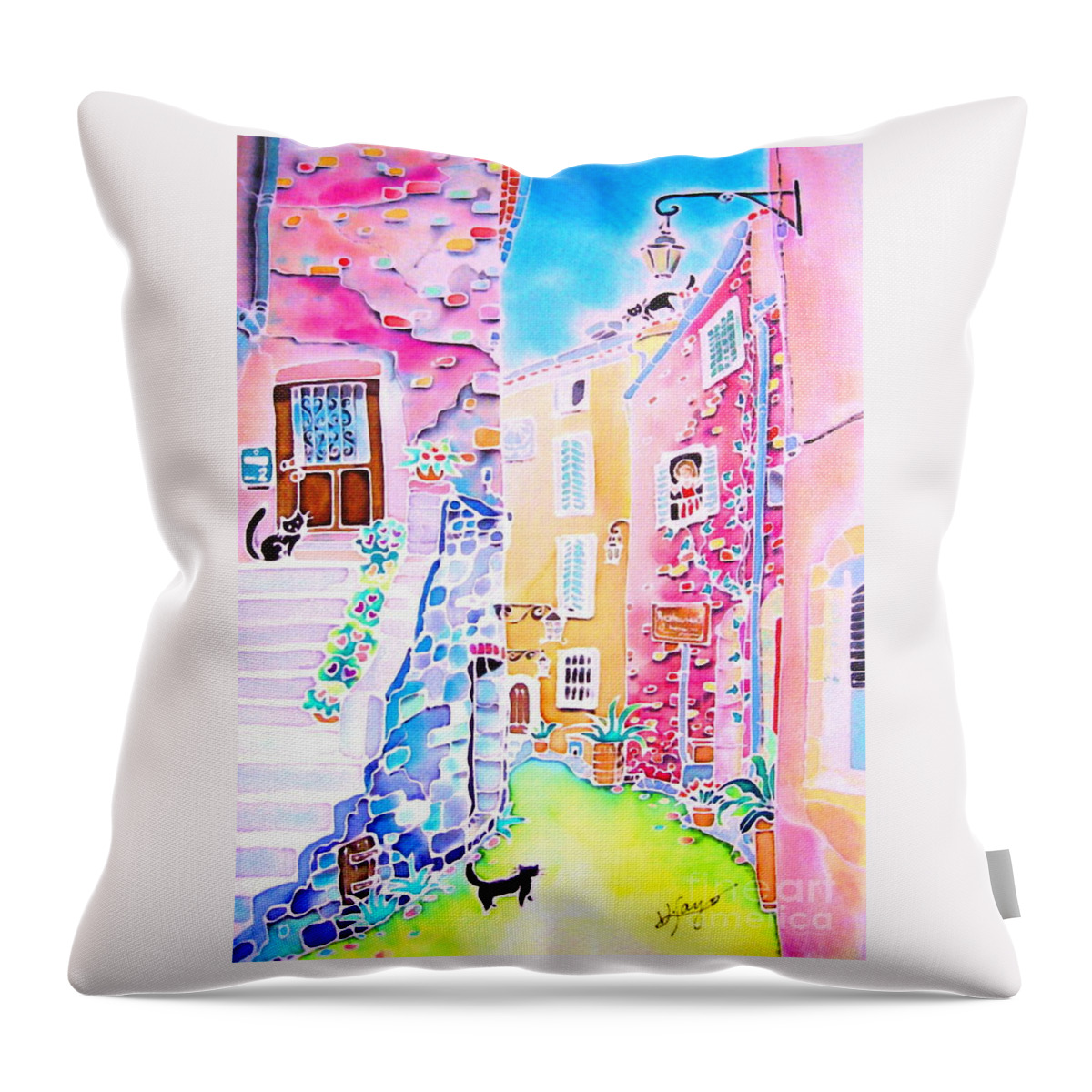 France Throw Pillow featuring the painting Three cats in the alley by Hisayo OHTA