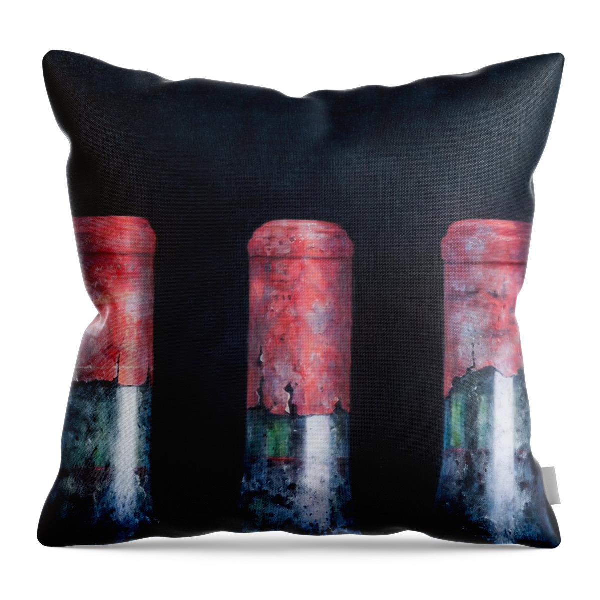 Dust; Dusty; Claret; Clarets; Red Wine; Wine; Wine Bottle; Bottle; Bottles; Wine Throw Pillow featuring the painting Three dusty clarets by Lincoln Seligman