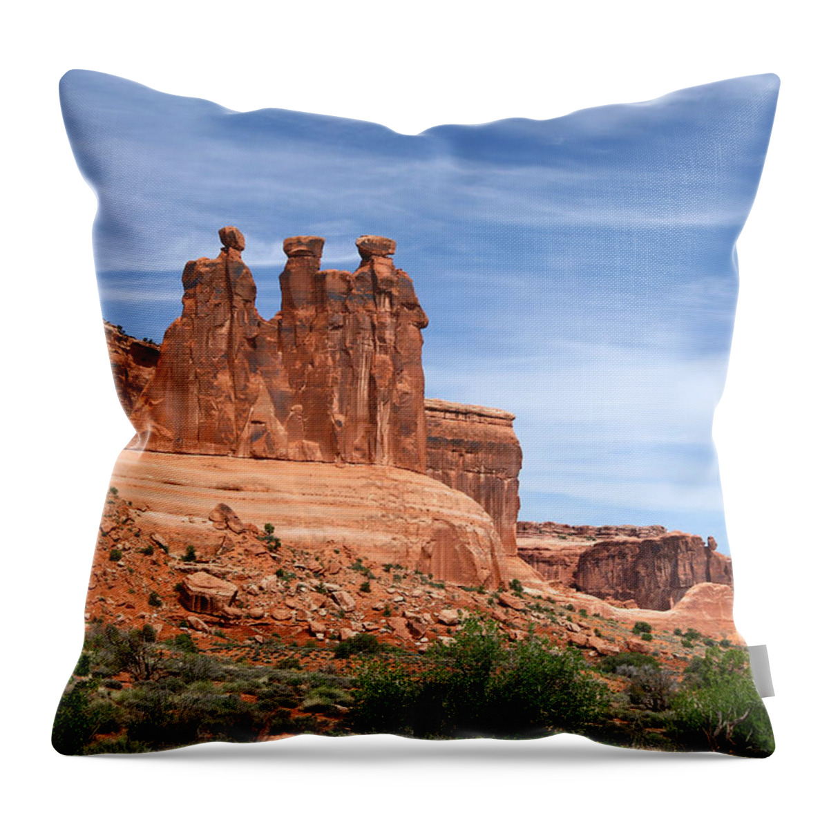 Three Gossips Throw Pillow featuring the digital art Three Gossips - Arches National Park by Georgia Clare