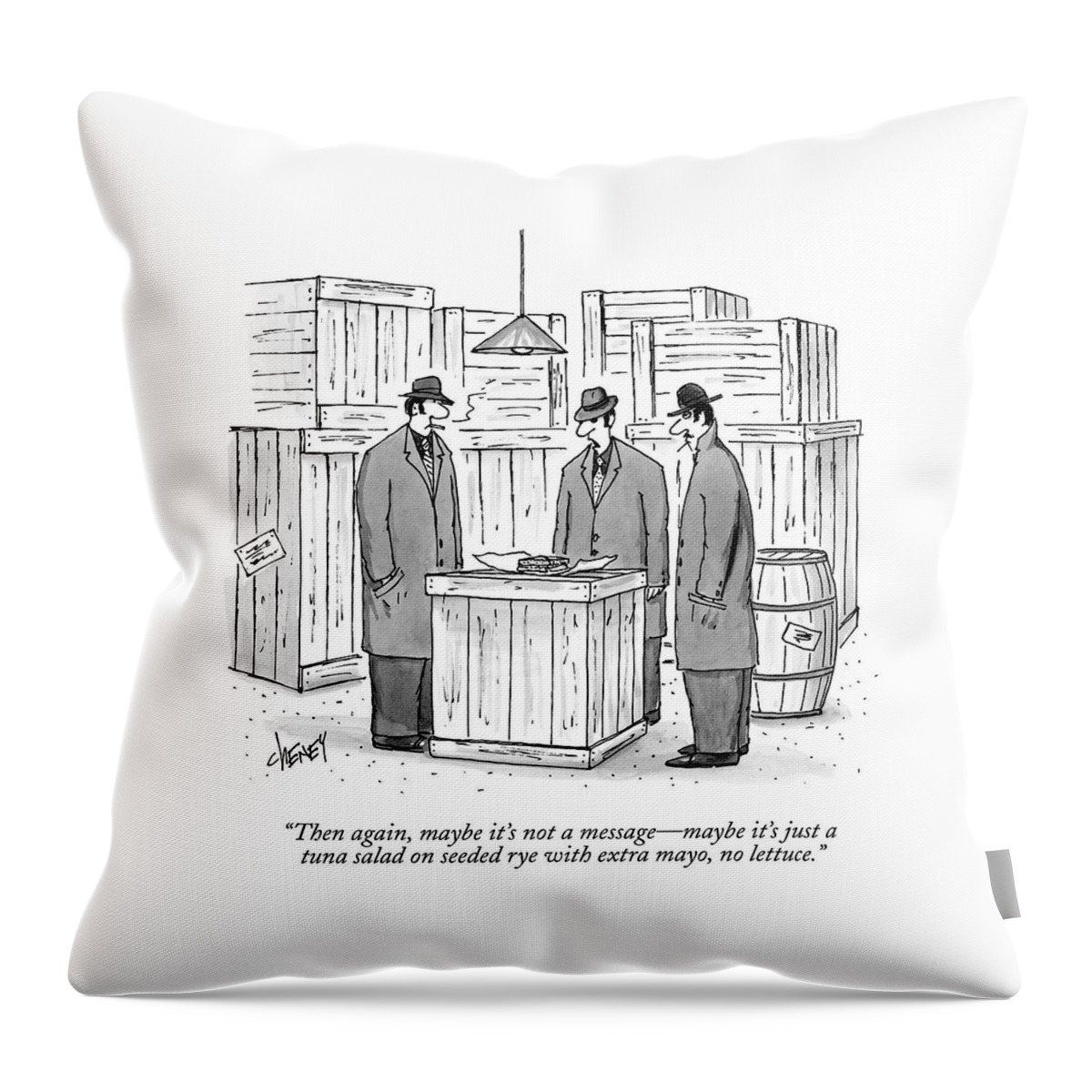 Three Mafiosi/gangsters Stand Around An Open Throw Pillow
