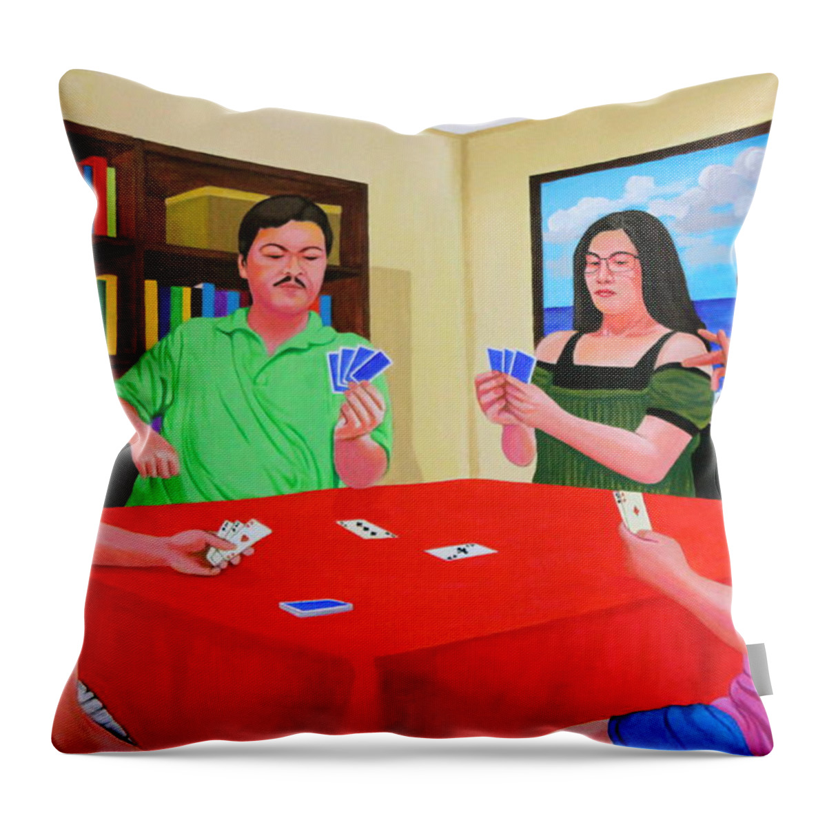Men Throw Pillow featuring the painting Three Men and a Lady Playing Cards by Cyril Maza