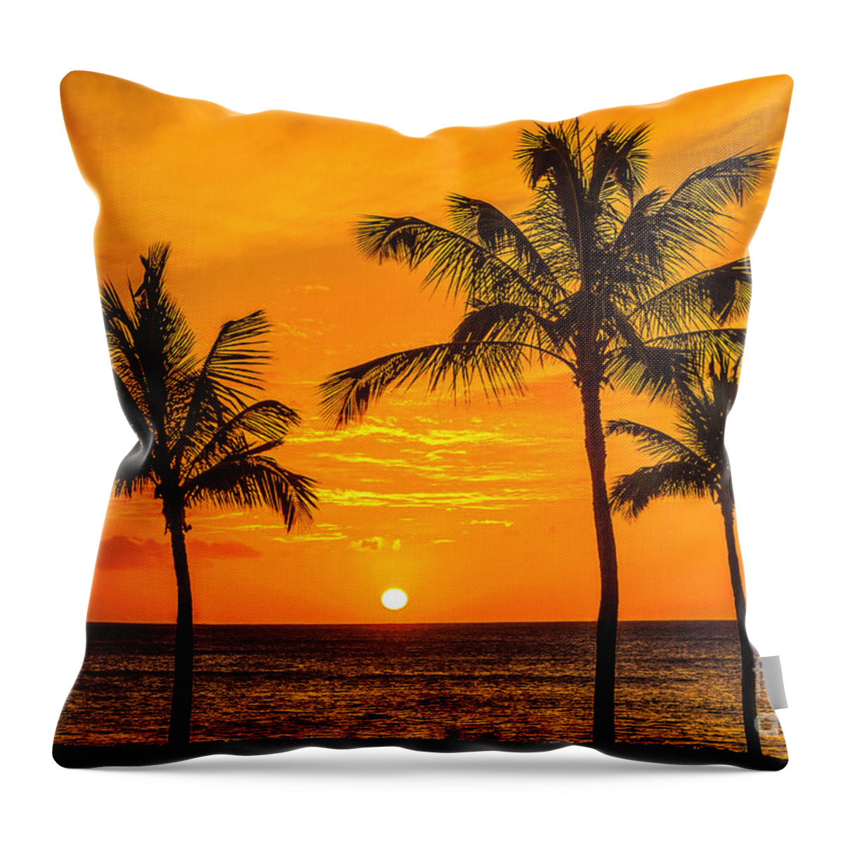 Hawaii Sunset Throw Pillow featuring the photograph Three Palms Golden Sunset in Hawaii by Aloha Art