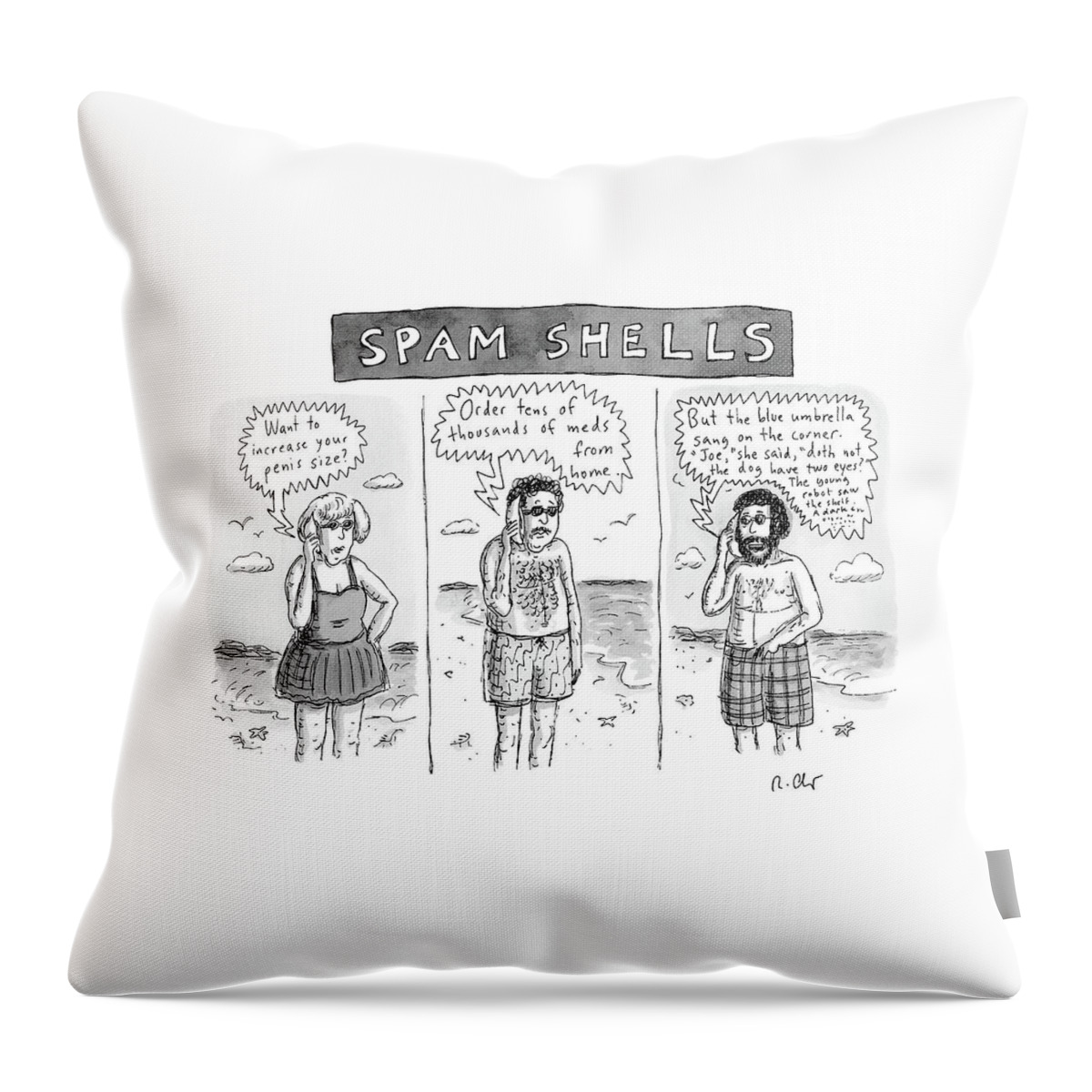 Three Panels Of People In Swimsuits On The Beach Throw Pillow