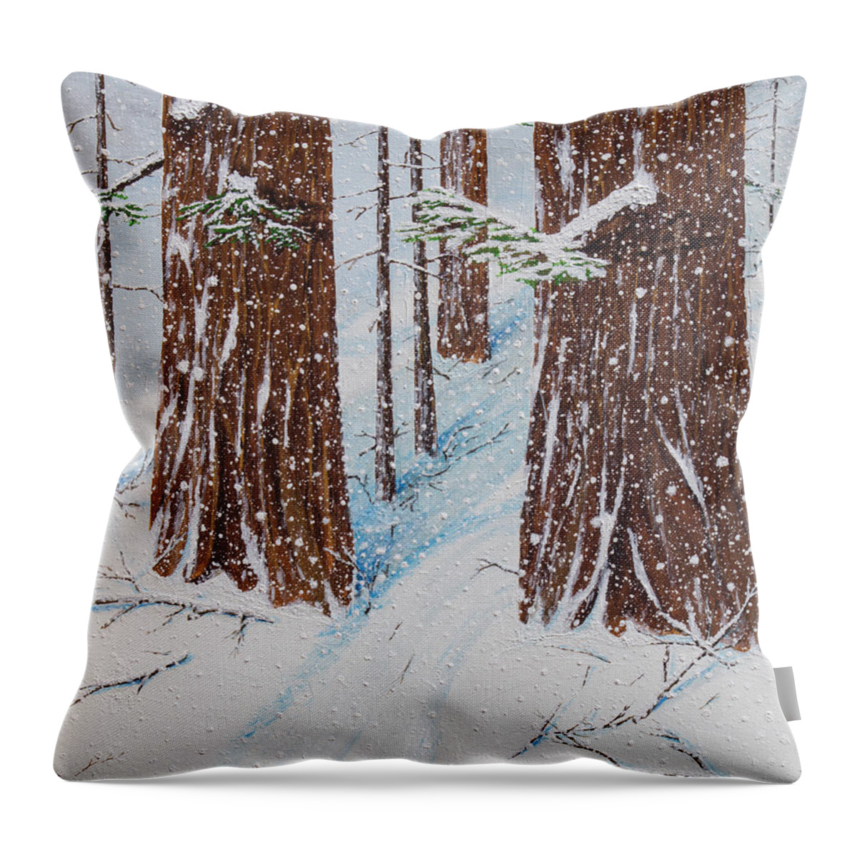 Redwoods In Snow Throw Pillow featuring the painting Three Redwoods in Snow by L J Oakes