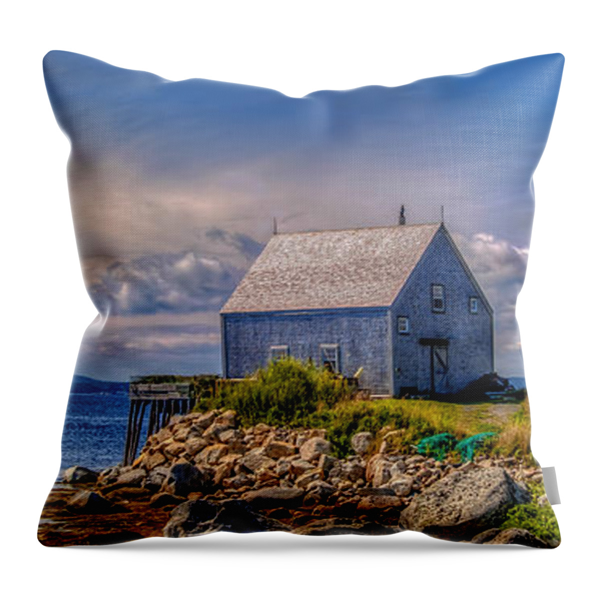 Peggys Cove Throw Pillow featuring the photograph Three Shacks by the Sea by Ken Morris