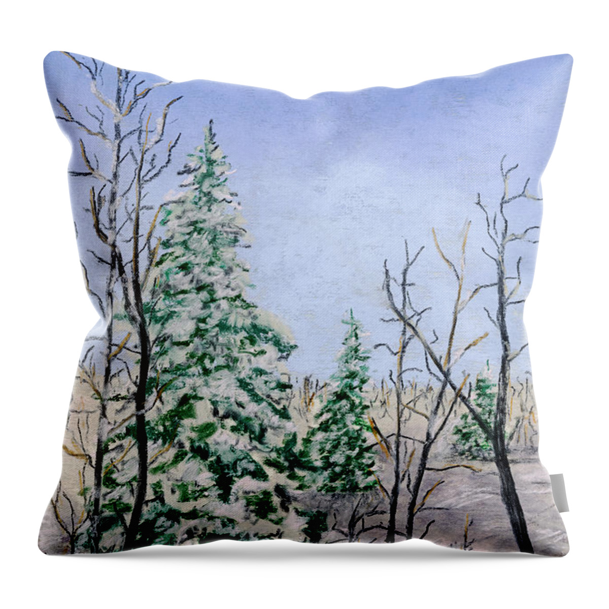 Winter Throw Pillow featuring the pastel Three Winter Evergreens by Ginny Neece