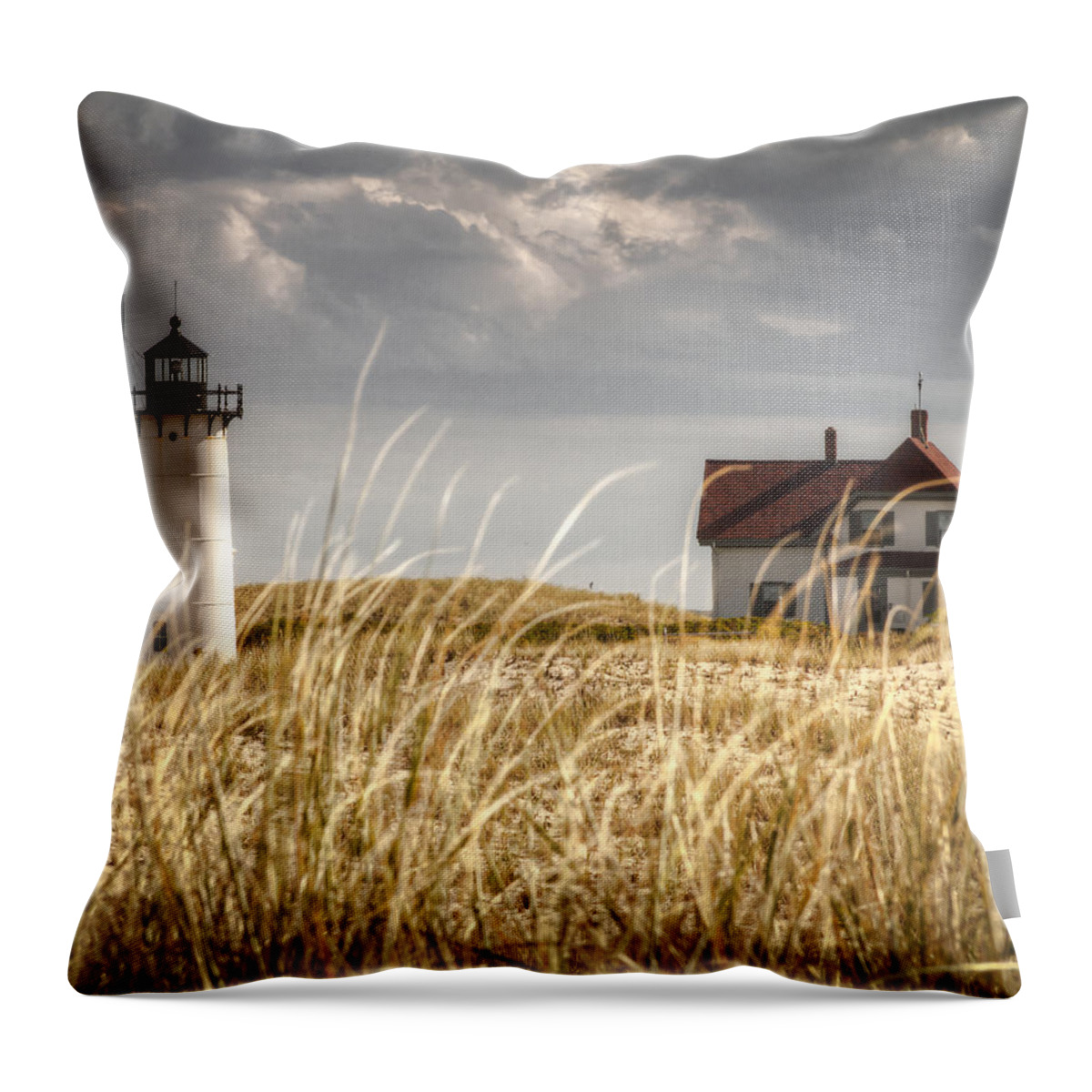 Race Point Light Throw Pillow featuring the photograph Race Point Light Through the Grass by Brian Caldwell