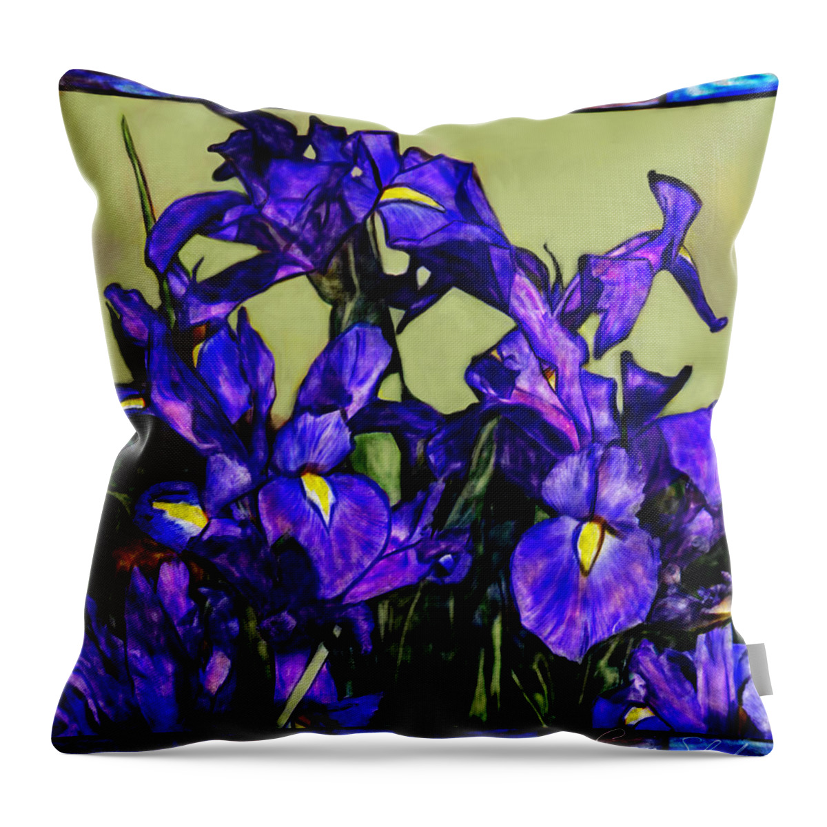 Flowers Throw Pillow featuring the painting Tiffany Style Blue Iris by Portraits By NC