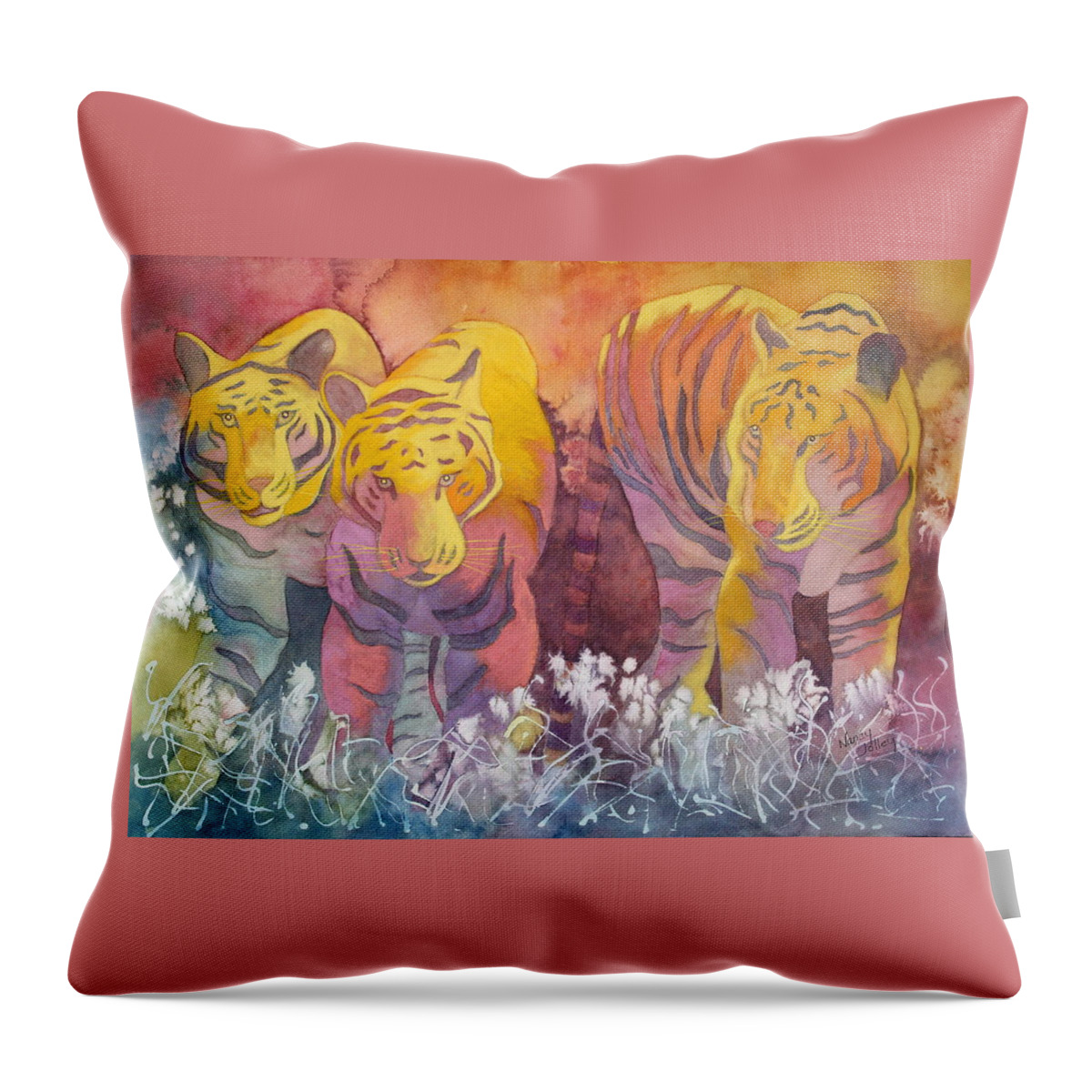Tigers Throw Pillow featuring the painting Tiger Trio by Nancy Jolley