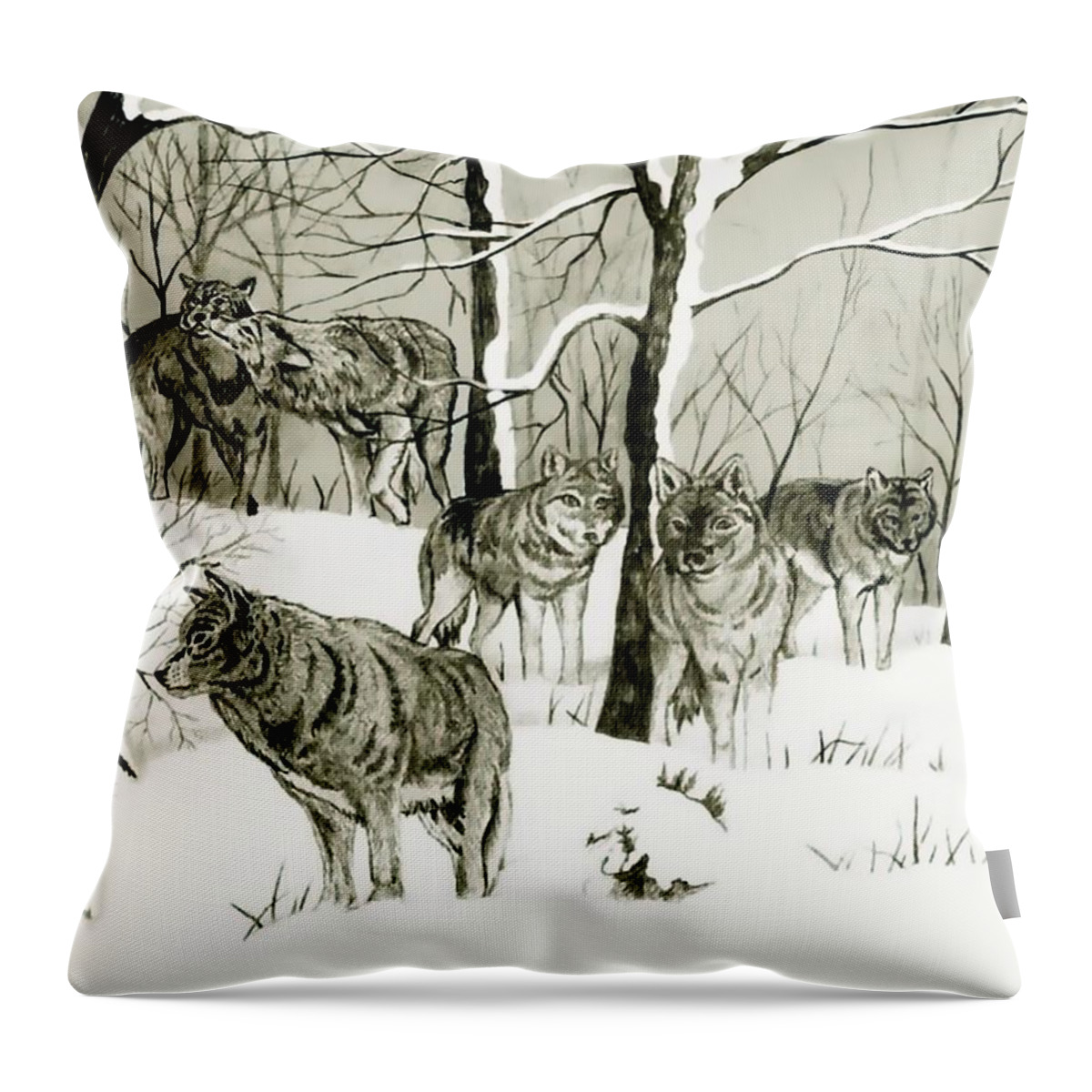 Landscape Throw Pillow featuring the drawing Timber Wolf Pack by Anthony Seeker