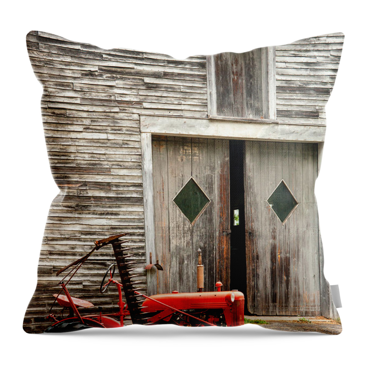 Old Barn Throw Pillow featuring the photograph Red Tractor and Old Barn Ossipee New Hampshire by Dawna Moore Photography