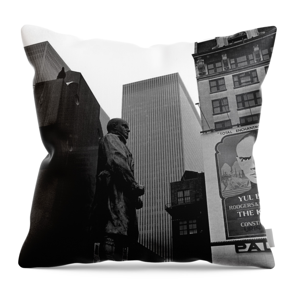 Times Square Fr. Dufy Statue Palace Theater Yul Brynner New York City 1977 Throw Pillow featuring the photograph Times Square Fr. Dufy statue Palace Theater Yul Brynner NYC 1977 by David Lee Guss