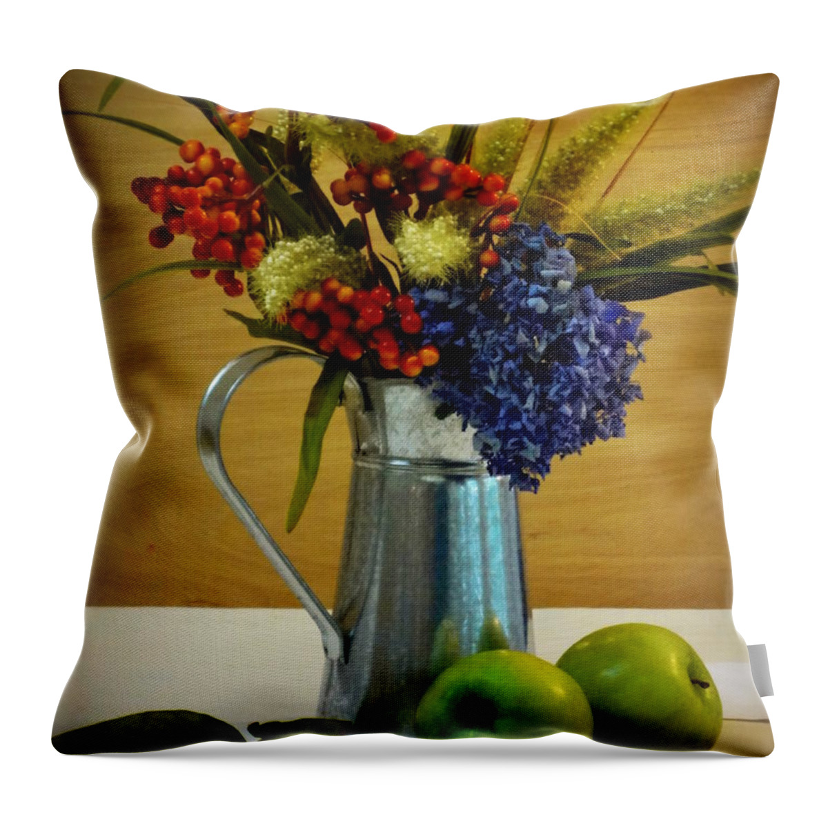 Bouquet Throw Pillow featuring the photograph Tin Bouquet and Green Apples by Deborah Crew-Johnson