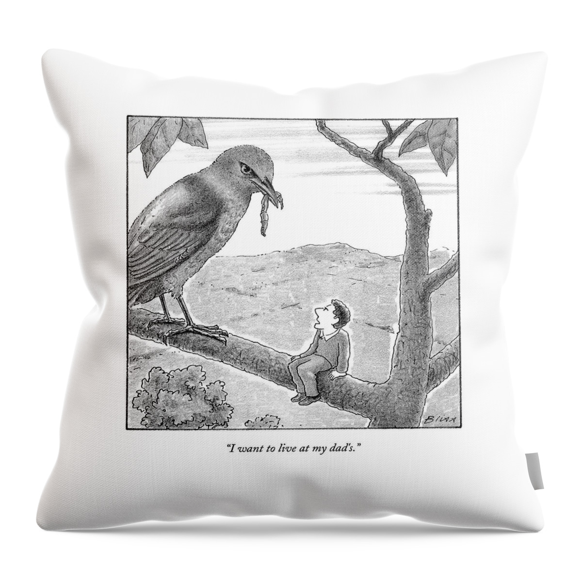 Tiny Man Looks Up At Bird As He Sits On A Branch Throw Pillow