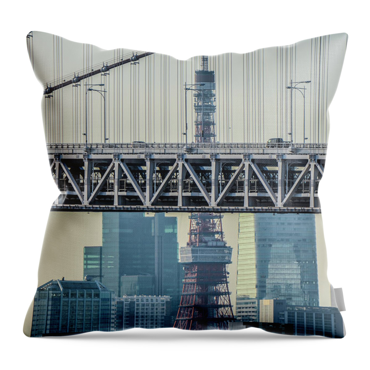 Tokyo Tower Throw Pillow featuring the photograph Tokyo Tower And Rainbow Bridge by Image Courtesy Trevor Dobson