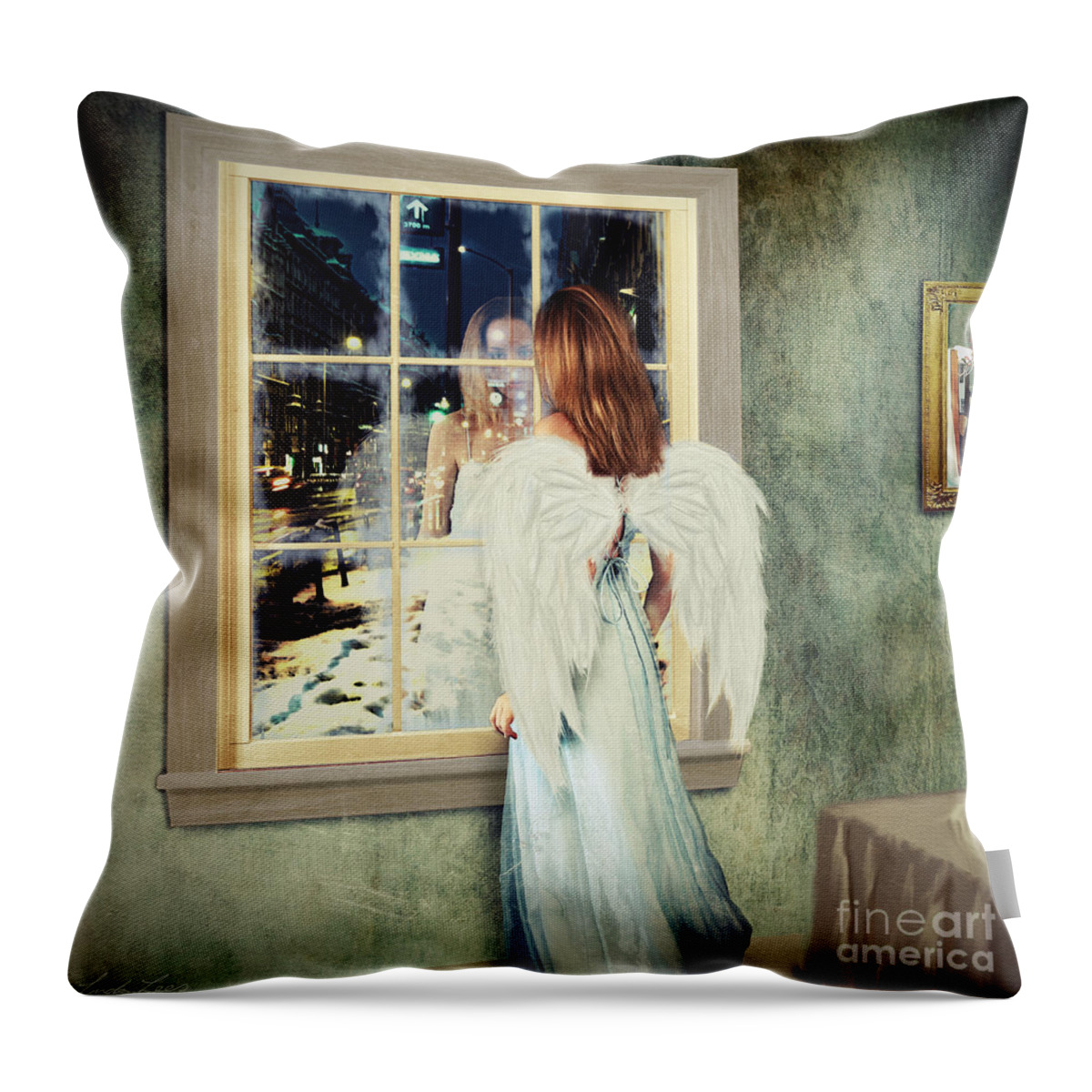 Angel Throw Pillow featuring the digital art Too Cold for Angels by Linda Lees