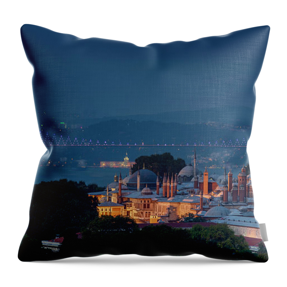 Scenics Throw Pillow featuring the photograph Topkapi Palace And Bosphorus Bridge by Ayhan Altun
