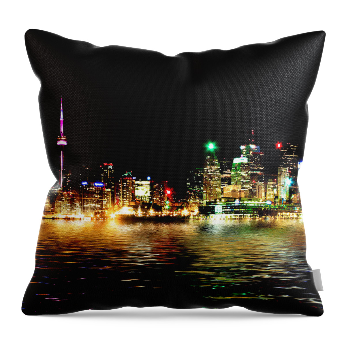 Architecture Throw Pillow featuring the photograph Toronto Skyline At Night From Polson St Reflection by Brian Carson
