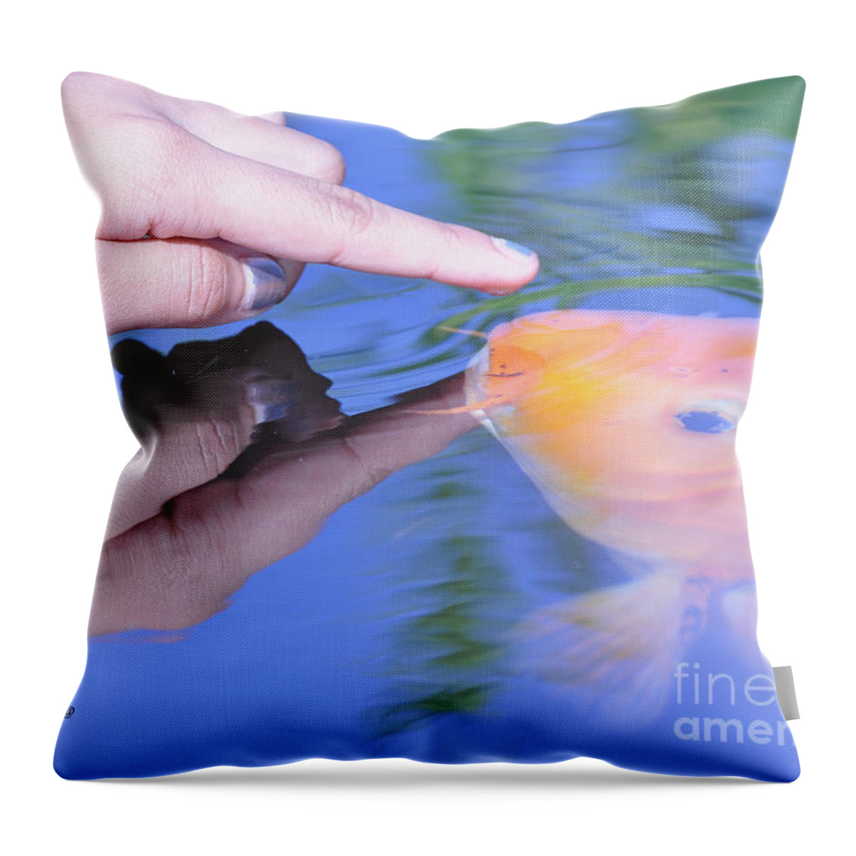 Koi Throw Pillow featuring the photograph Touching the Koi. by Debby Pueschel