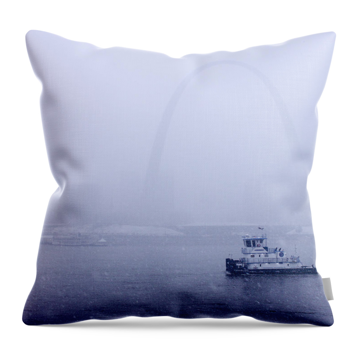St Louis Throw Pillow featuring the photograph Towboat Working in the Snow St Louis by Garry McMichael
