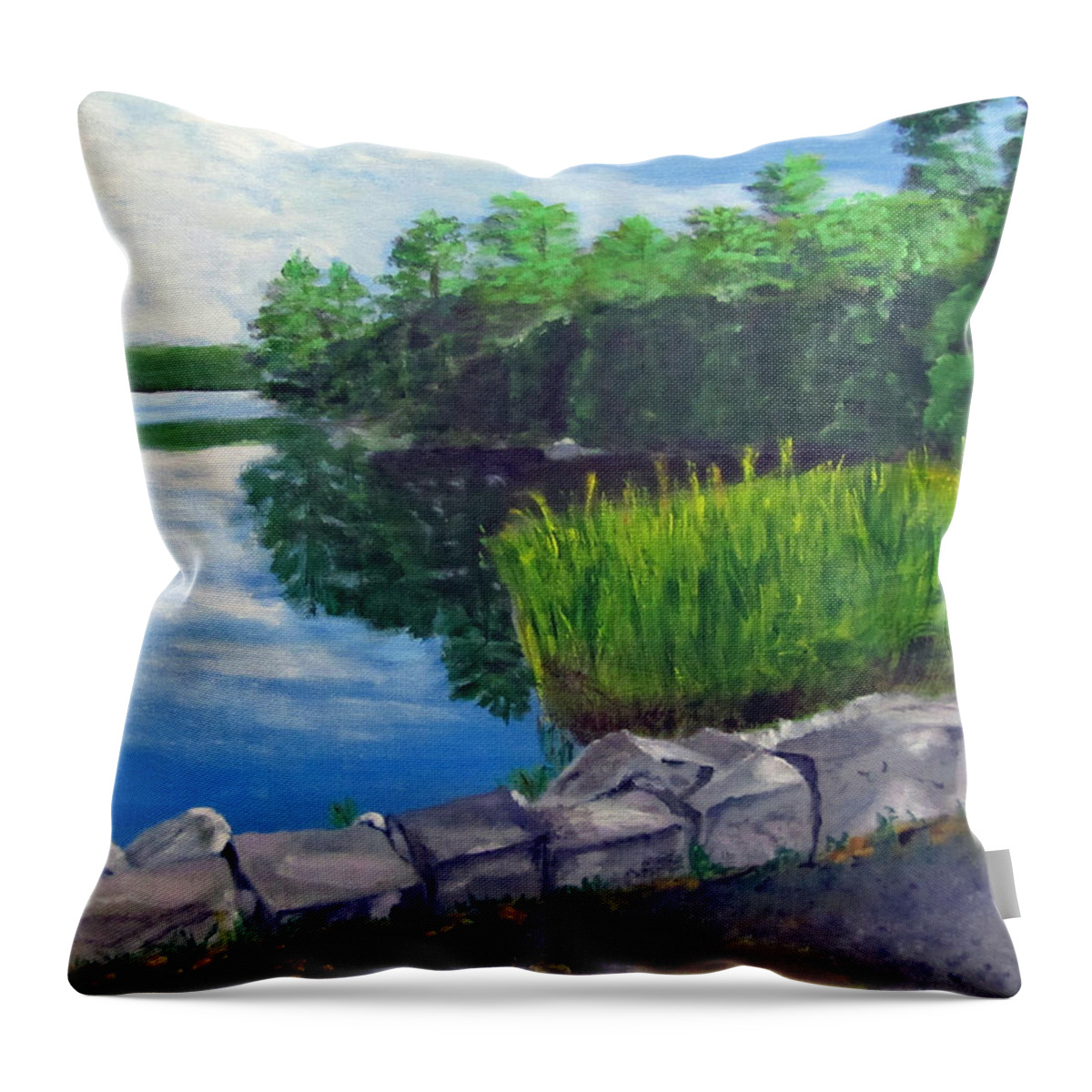 Landscape Throw Pillow featuring the painting Tower Hill Pond by Linda Feinberg
