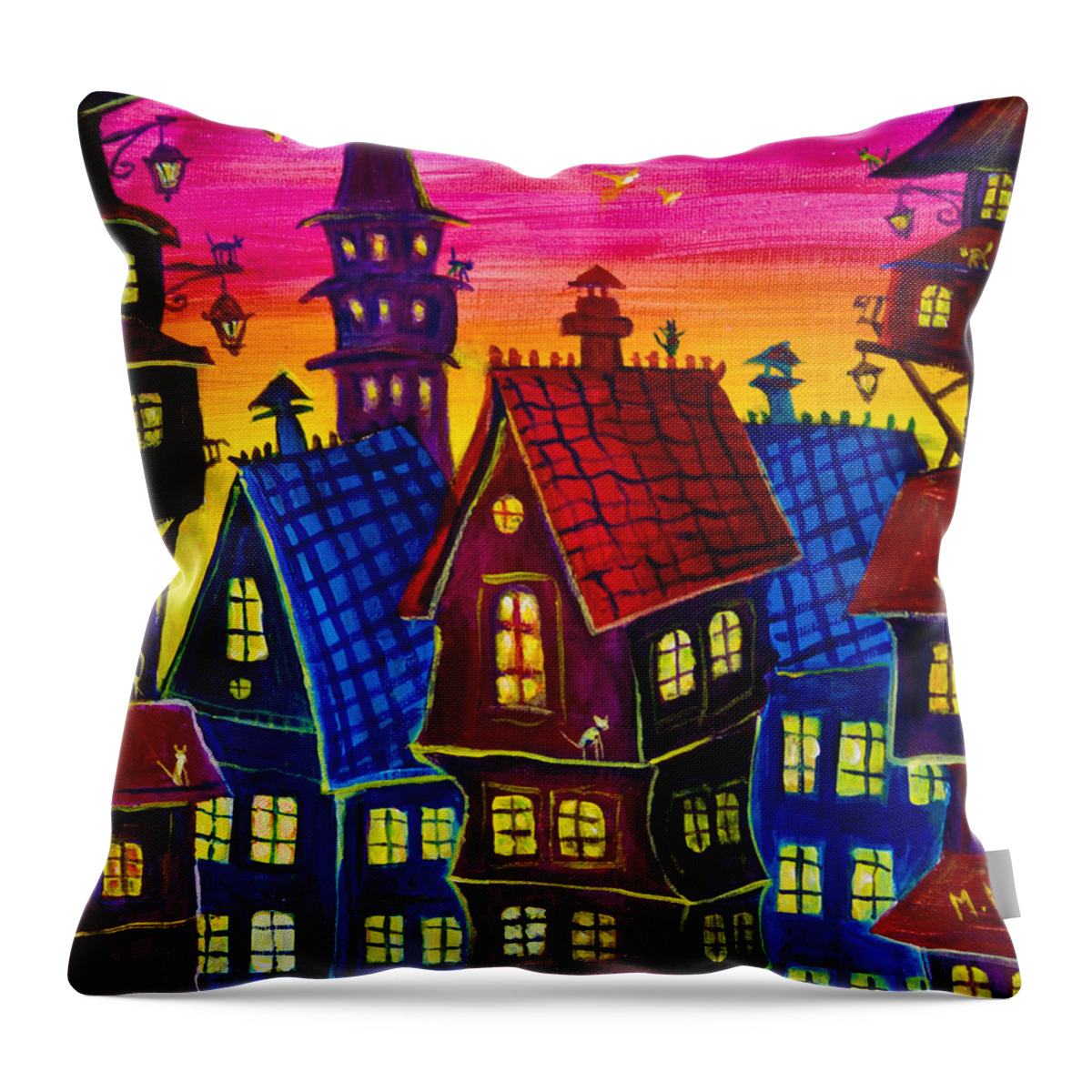 Twilight Town Throw Pillow featuring the painting Town at twilight by Maxim Komissarchik