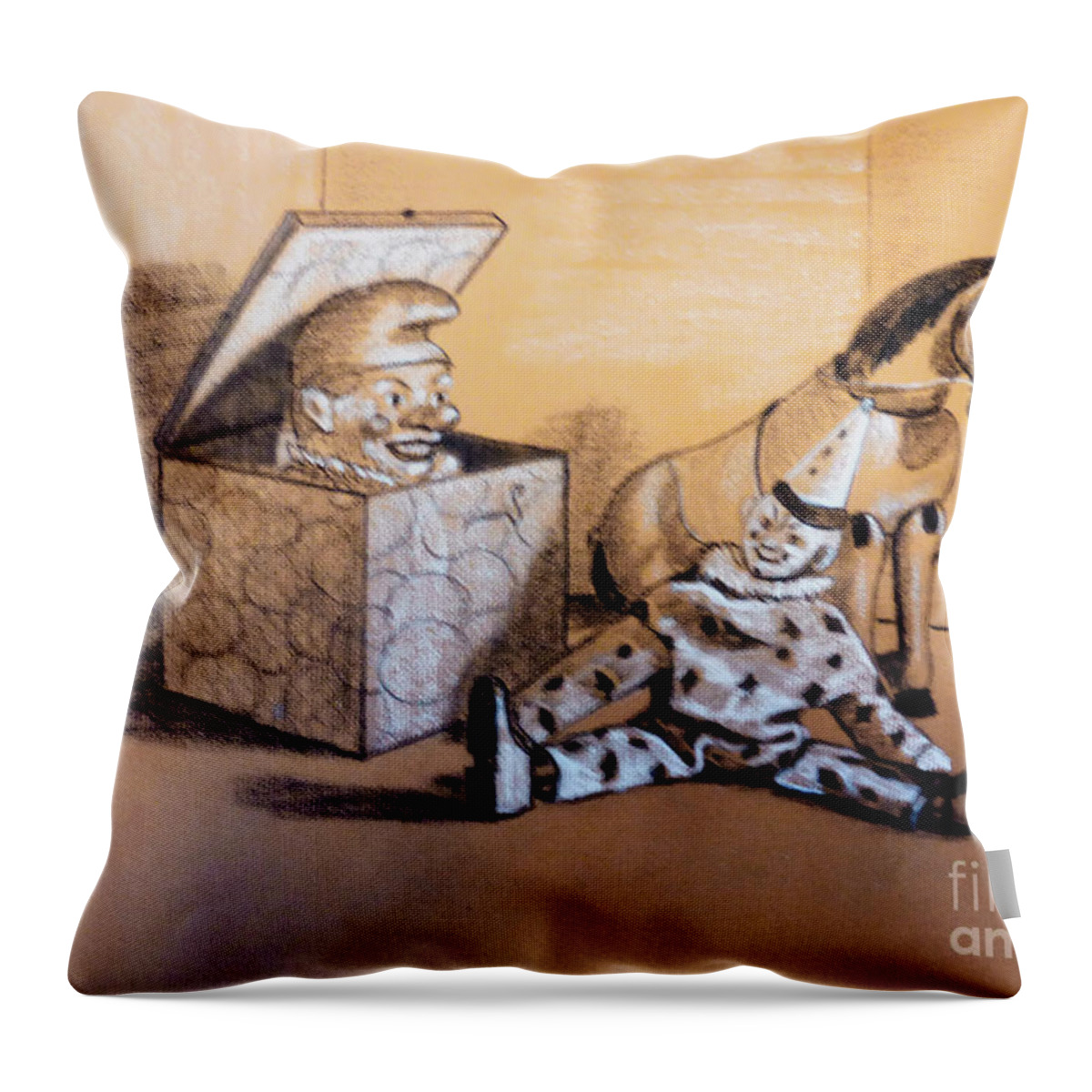 Schoenhut Throw Pillow featuring the pastel Toy Reunion by Art By - Ti  Tolpo Bader