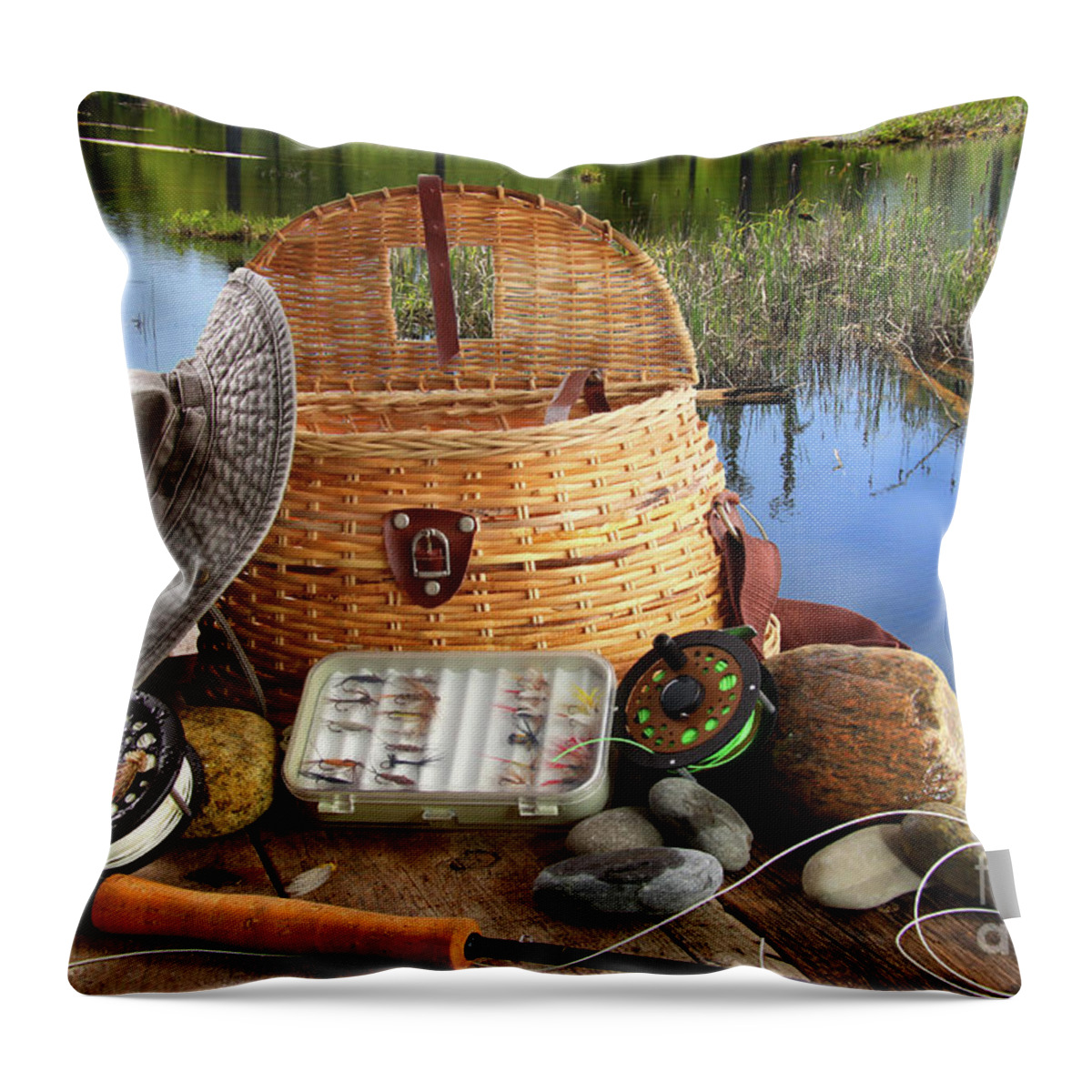 Activity Throw Pillow featuring the photograph Traditional fly-fishing rod with equipment by Sandra Cunningham