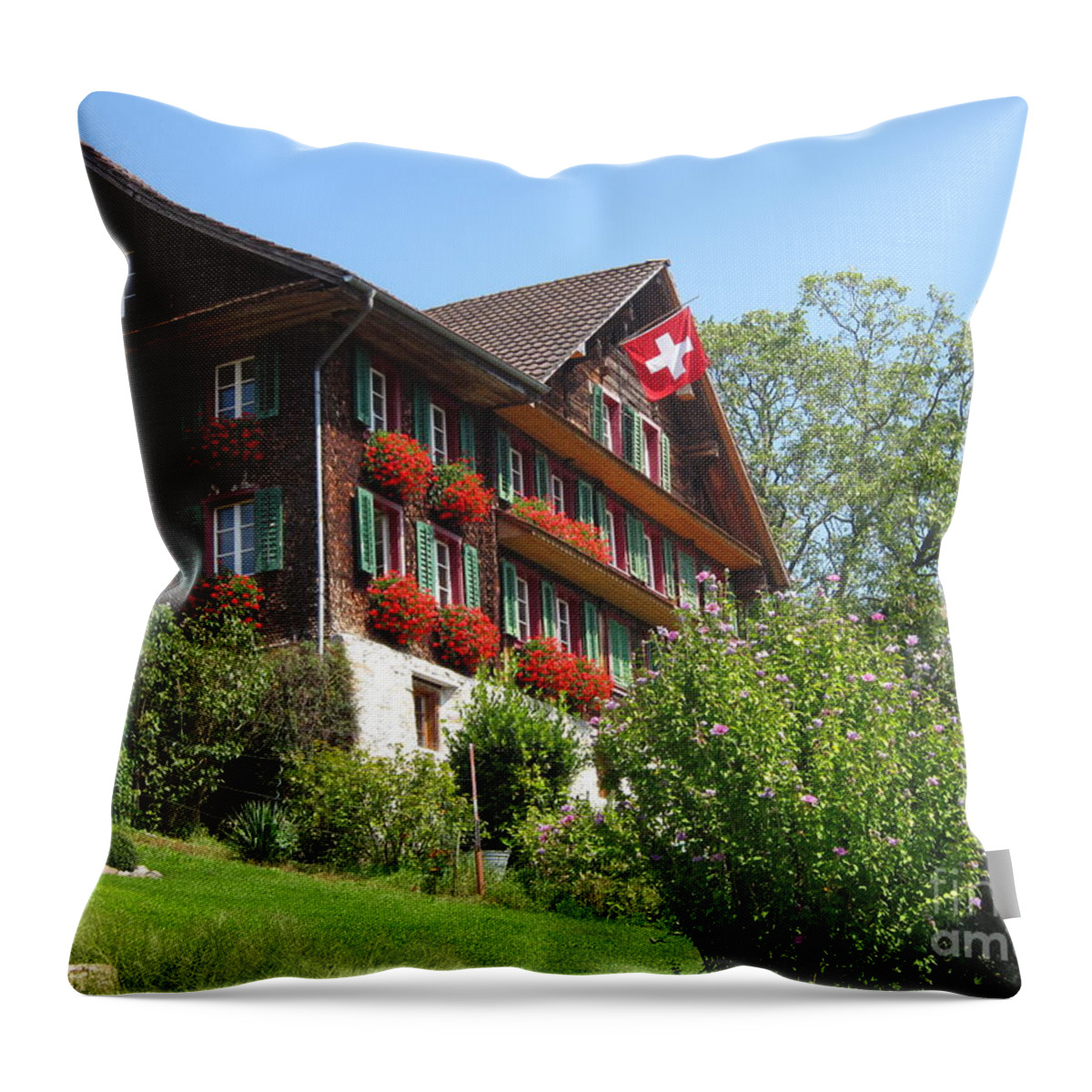 Architecture Throw Pillow featuring the photograph Traditional wooden Swiss House by Amanda Mohler